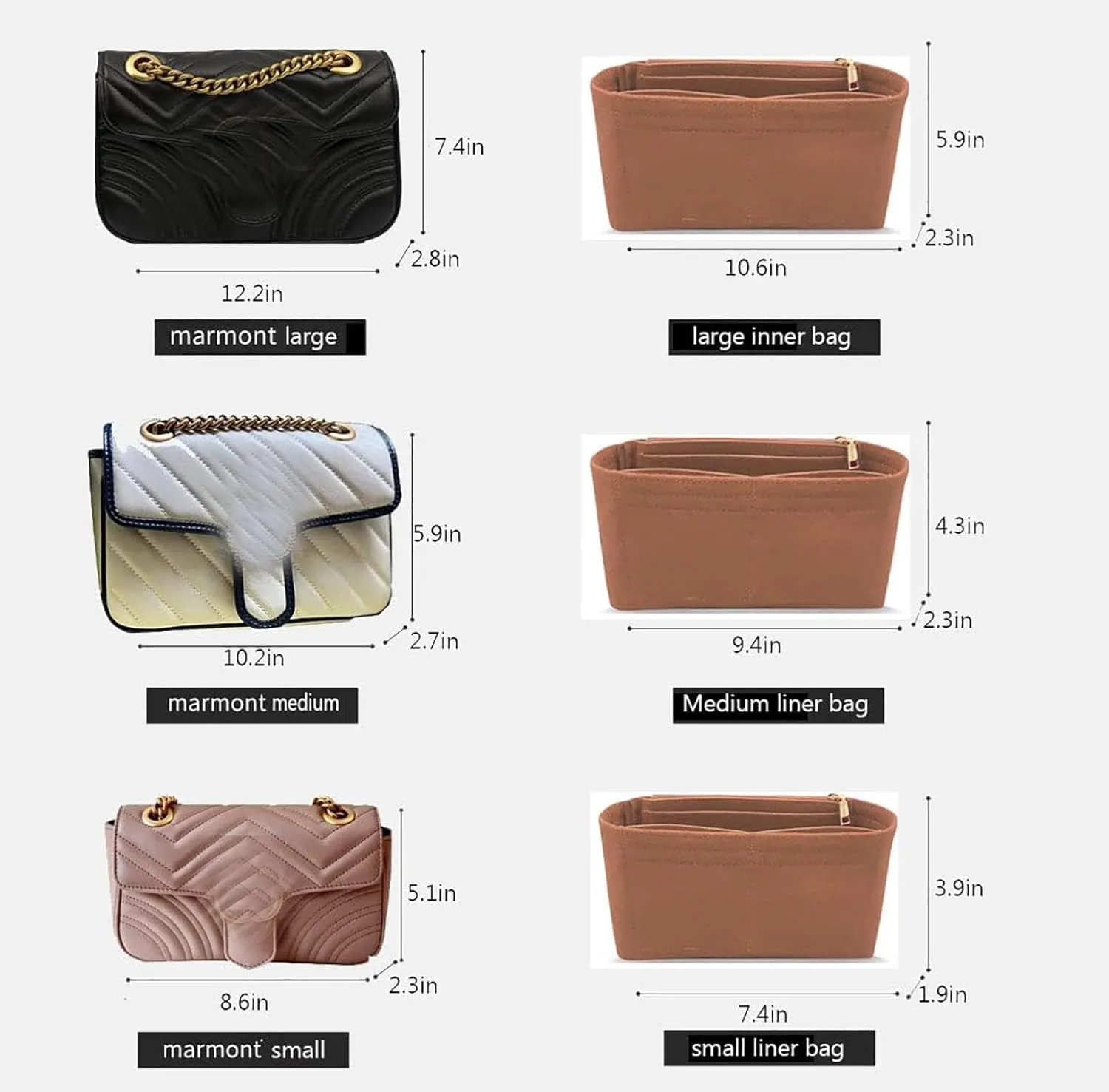 Lckaey Organizer inserts pocket for marmont matelassé mini bag shoulder bag-single pack with zipper 2000Abrown-S