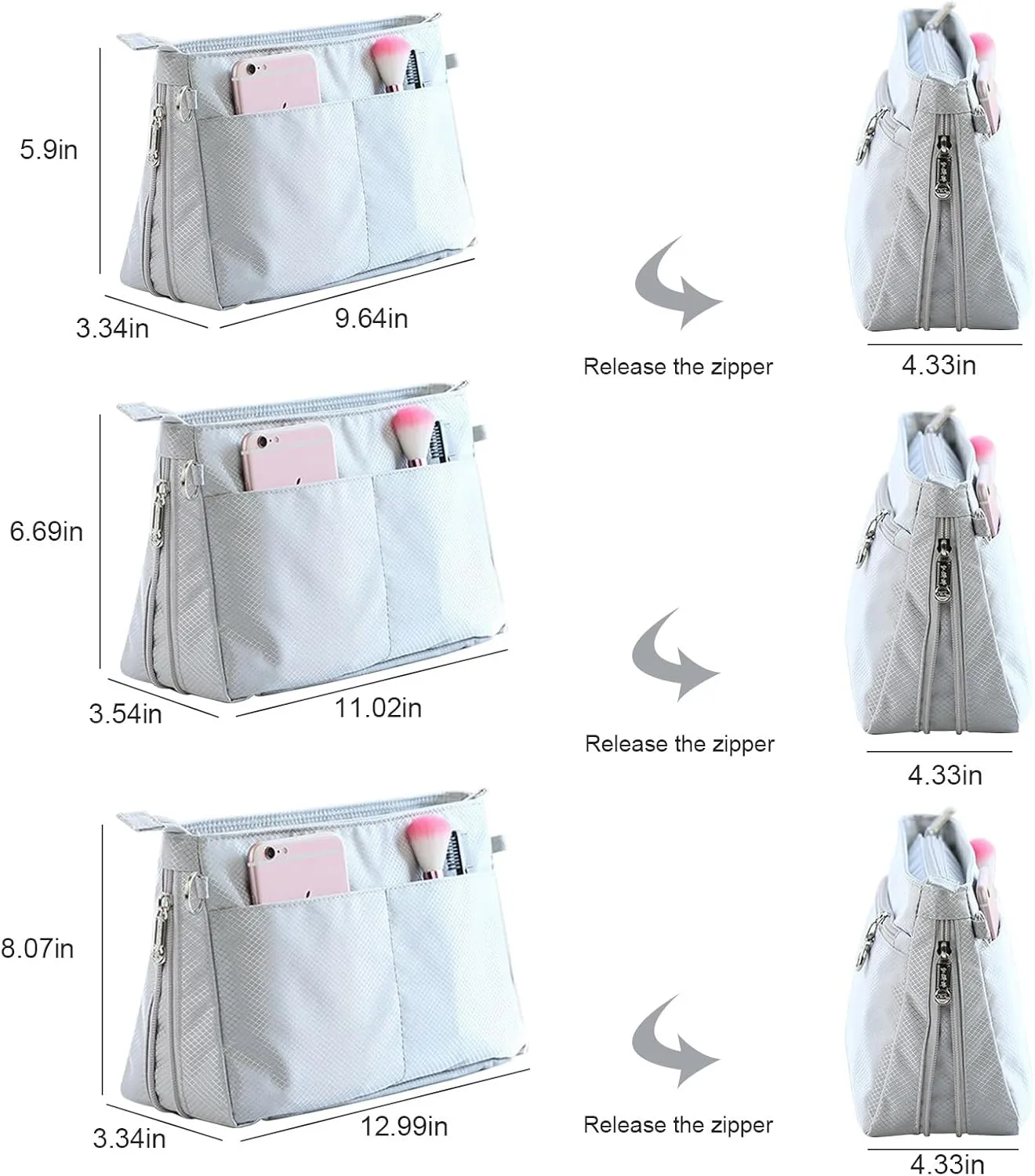 Lckaey Purse Organizer Insert For Handbag-Nylon tote bag Liner Shaper Bag in Bag Extensible space 3099Grey-M