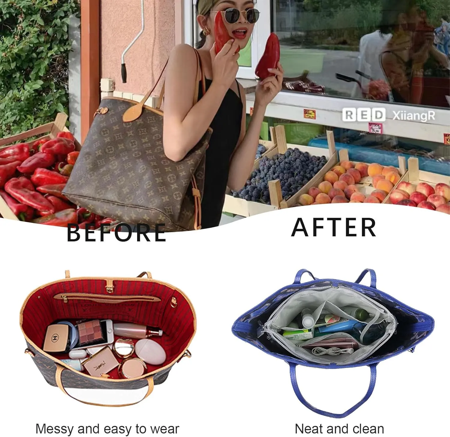 Lckaey Purse Organizer Insert For Handbag-Nylon tote bag Liner Shaper Bag in Bag Extensible space 3099Grey-M