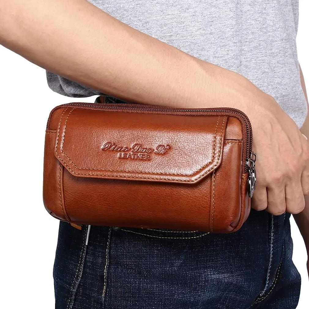 Leather Phone Belt Bag Small Holster Pouch for Men Loop Flip Horizontal Coin Purse Case Outdoor Travel Waist Pack Wallet Brown