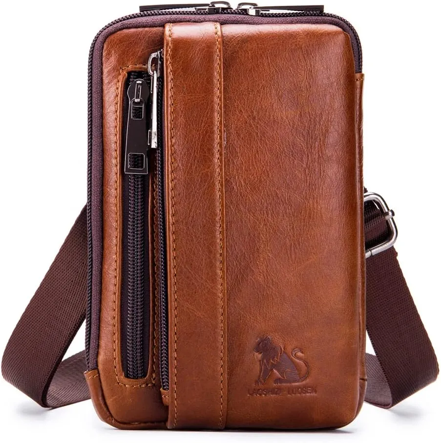 Leather Shoulder Messenger Bag for Men Business Travel Hook Loop Holster Crossbody Belt Bag Phone Wallet Purse Waist Fanny Pack Outdoor Camping Hiking Daypack