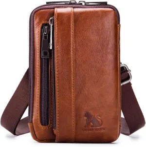 Leather Shoulder Messenger Bag for Men Business Travel Hook Loop Holster Crossbody Belt Bag Phone Wallet Purse Waist Fanny Pack Outdoor Camping Hiking Daypack