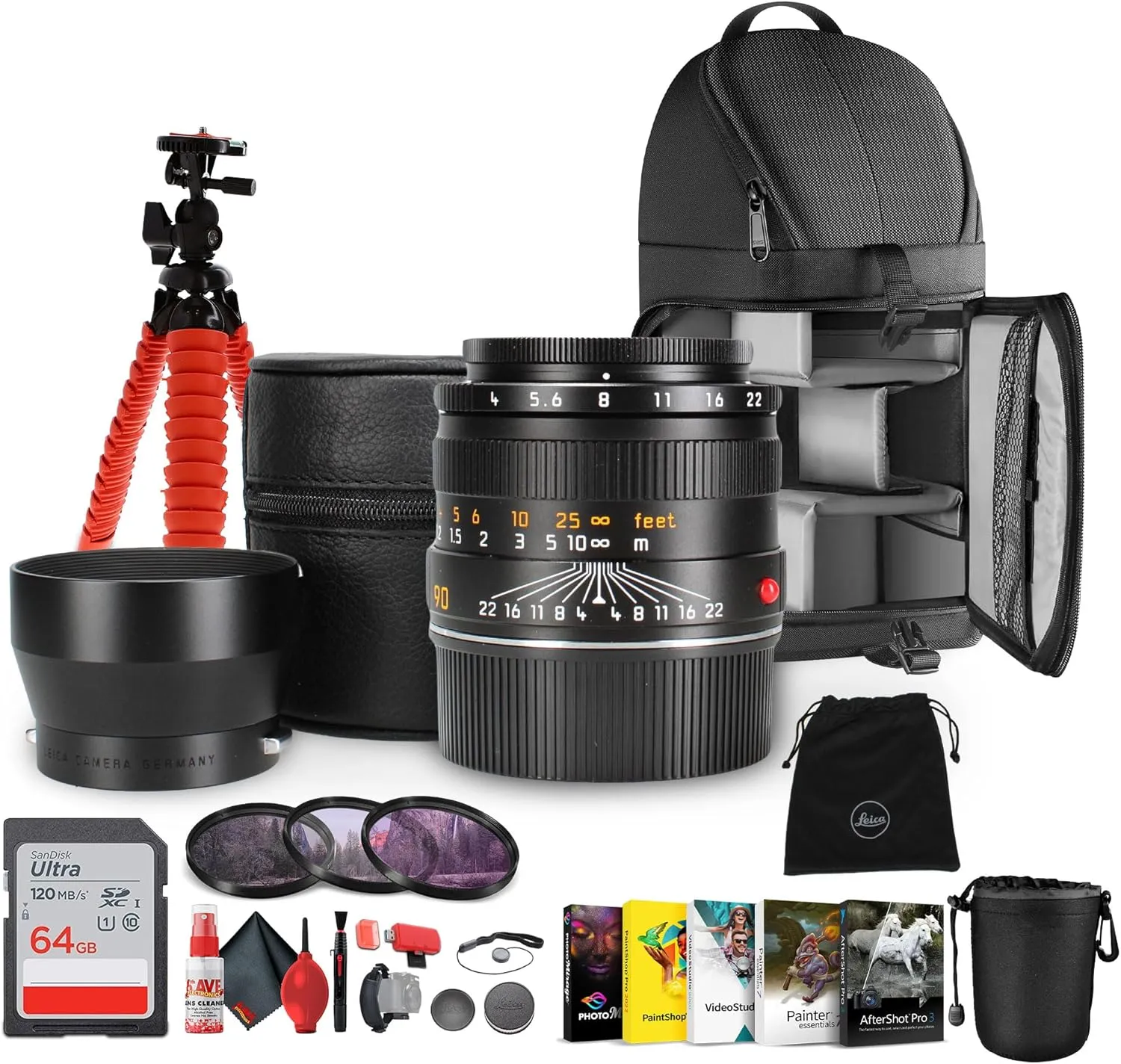 Leica Macro-Elmar-M 90mm f/4 Lens (11670)   Sling Backpack   Photography Software   64GB Memory Card   Flexible Tripod   Cleaning Kit   Lens Pouch   Hand Strap   Card Wallet   Card Reader   More