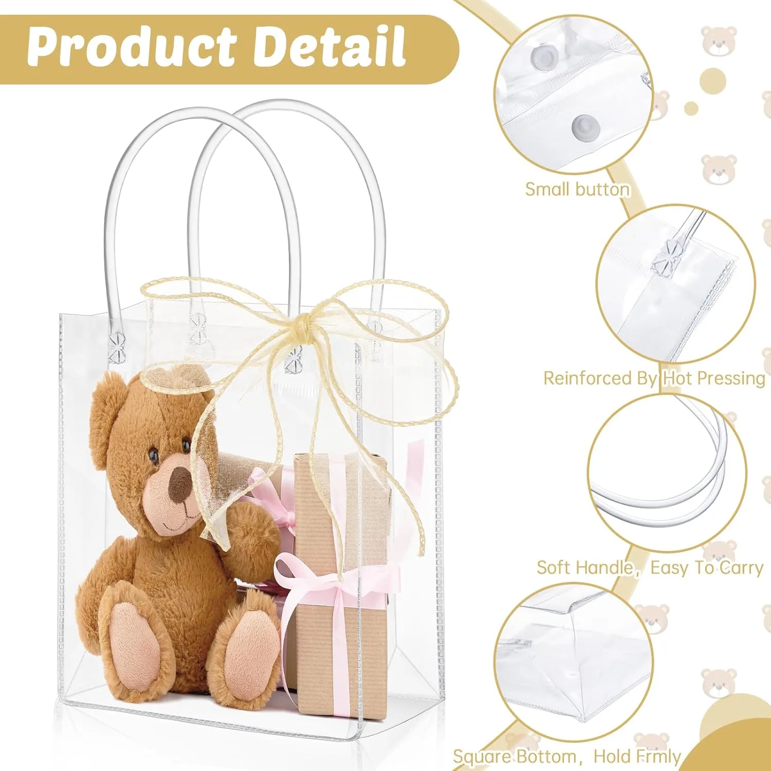 LEIFIDE 32 Pcs Clear Plastic Gift Bags with Handles and Champagne Ribbon PVC Reusable Tote Bags for candy goodie snack Wedding Baby Shower Birthday Party Favor(7.1 x 9.4 x 3.1 Inch)