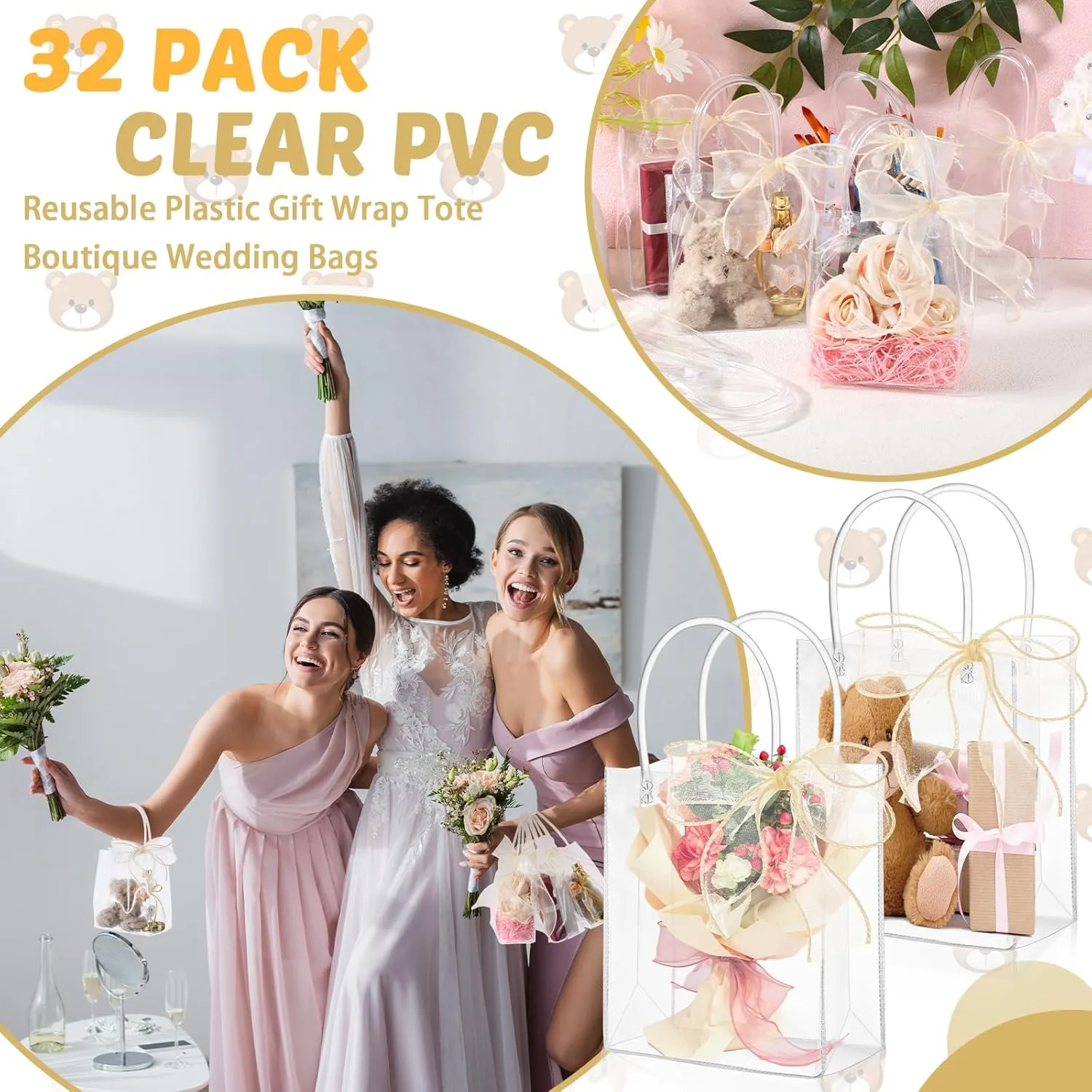 LEIFIDE 32 Pcs Clear Plastic Gift Bags with Handles and Champagne Ribbon PVC Reusable Tote Bags for candy goodie snack Wedding Baby Shower Birthday Party Favor(7.1 x 9.4 x 3.1 Inch)