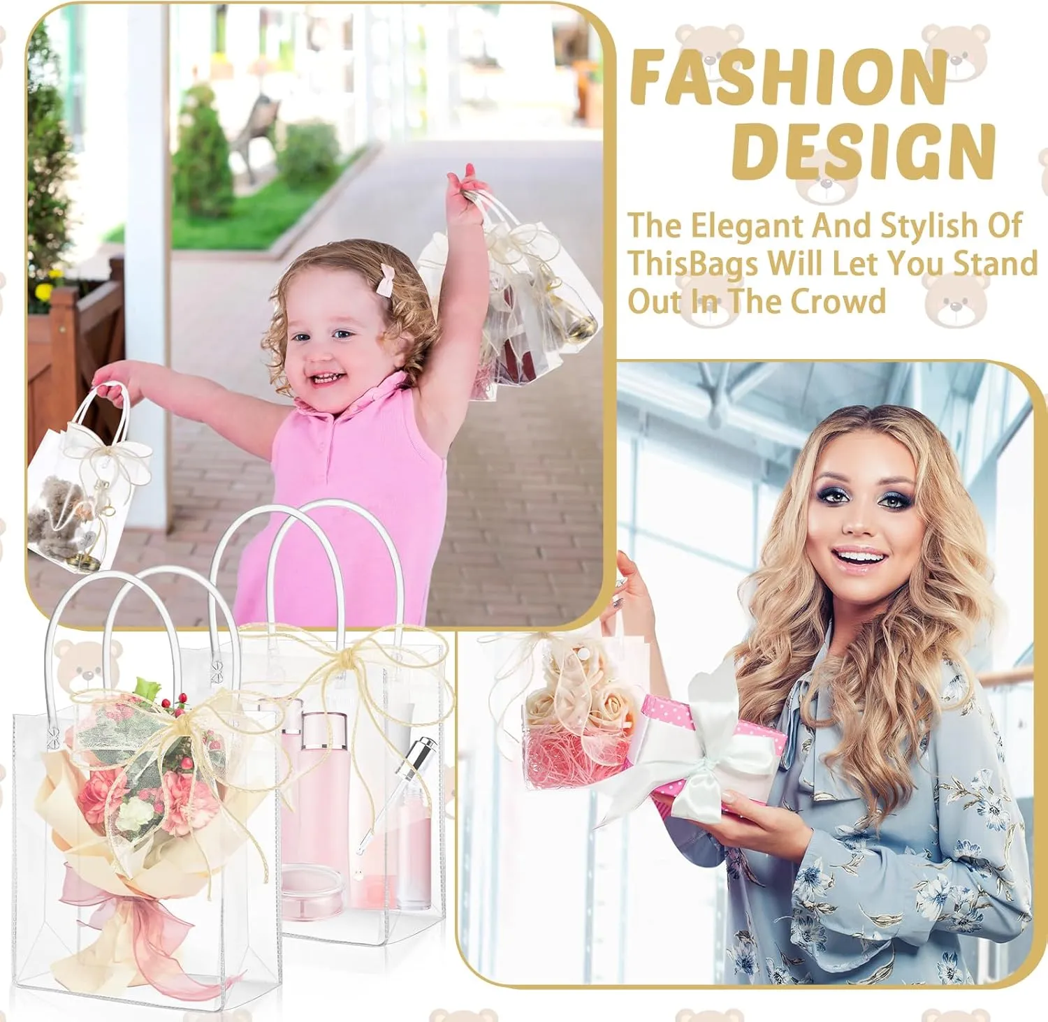 LEIFIDE 32 Pcs Clear Plastic Gift Bags with Handles and Champagne Ribbon PVC Reusable Tote Bags for candy goodie snack Wedding Baby Shower Birthday Party Favor(7.1 x 9.4 x 3.1 Inch)