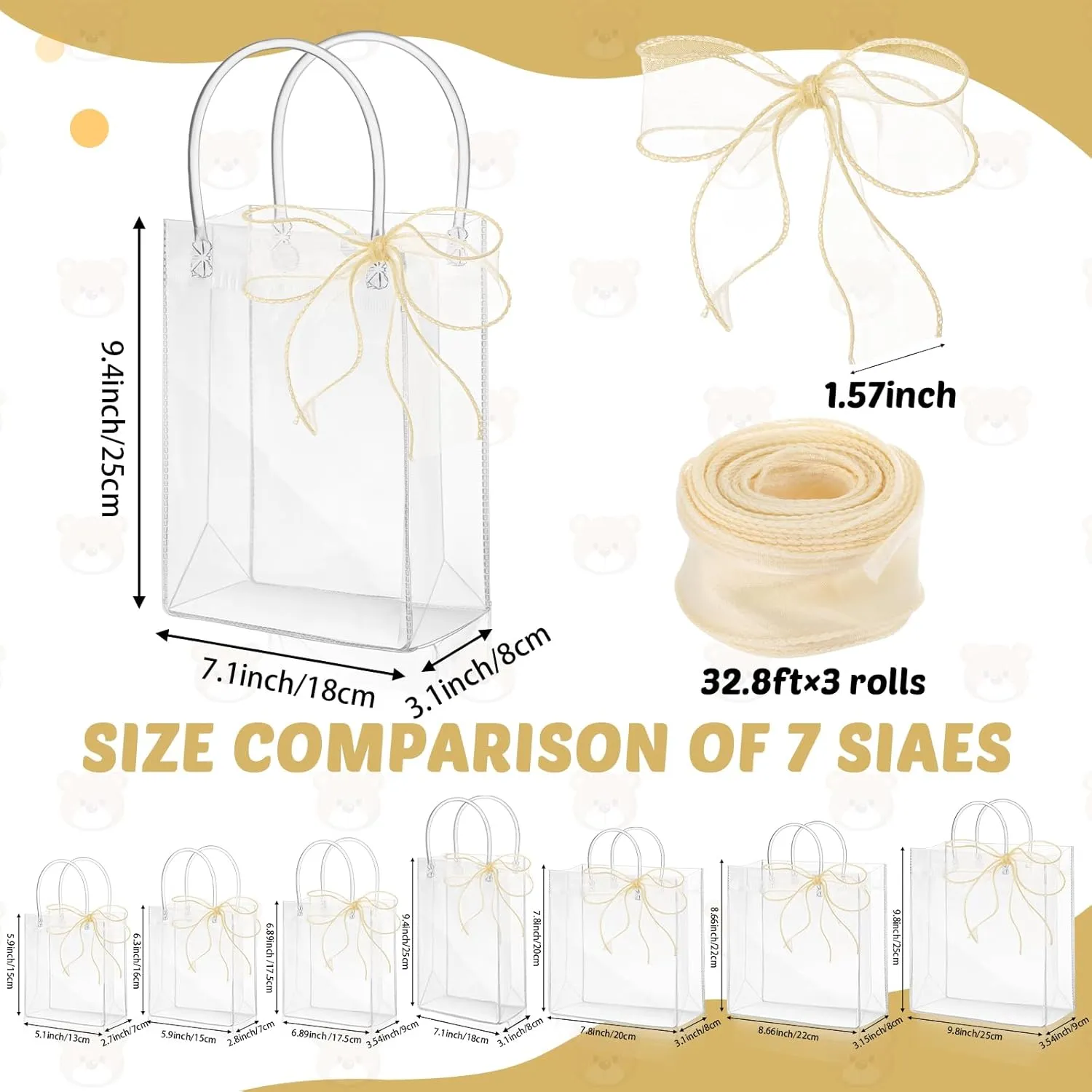 LEIFIDE 32 Pcs Clear Plastic Gift Bags with Handles and Champagne Ribbon PVC Reusable Tote Bags for candy goodie snack Wedding Baby Shower Birthday Party Favor(7.1 x 9.4 x 3.1 Inch)