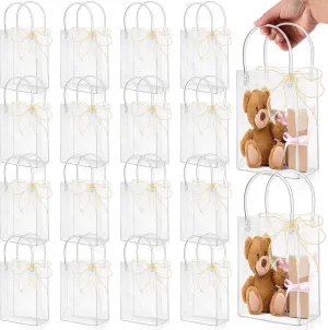 LEIFIDE 32 Pcs Clear Plastic Gift Bags with Handles and Champagne Ribbon PVC Reusable Tote Bags for candy goodie snack Wedding Baby Shower Birthday Party Favor(7.1 x 9.4 x 3.1 Inch)