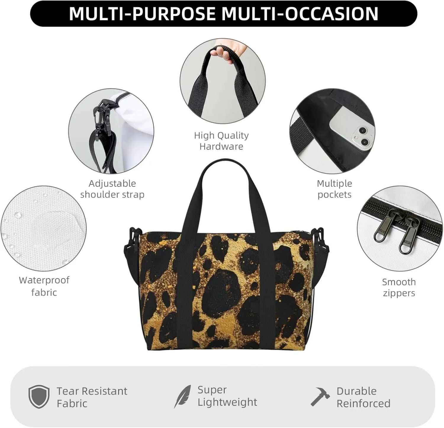 Leopard art print Travel Duffel Bag, Sports Tote Gym Bag, Swim Pool Bag Large Shoulder Tote Bag for Beach Weekender