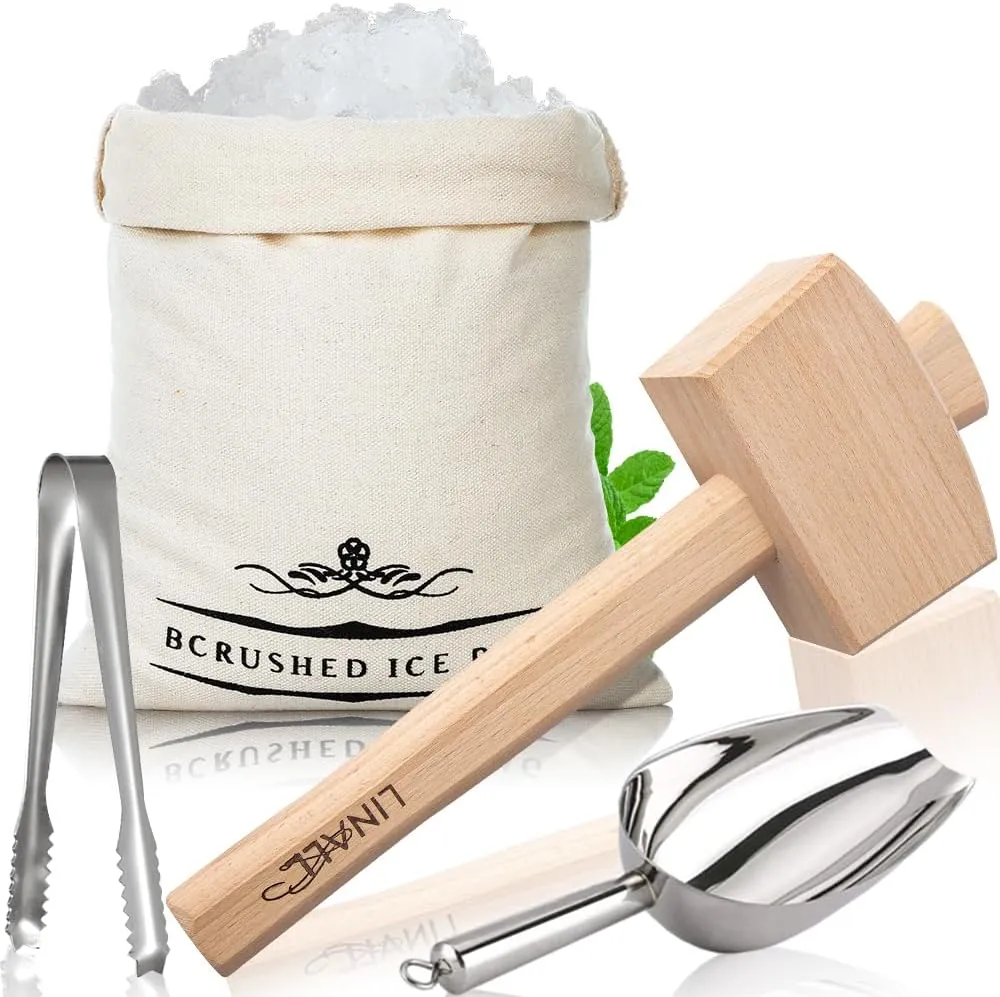 Lewis Bag and Ice Mallet - Wood Hammer and Lewis Bag for Crushed Ice, Bartender Kit Set & Bar Tools Kitchen Accessory