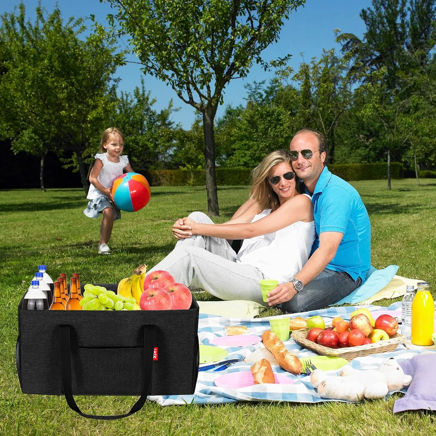 LHZK 2 Pack Extra Large Utility Tote Bag with Metal Wire Frame and the Sides Rinforced, Extra Large Tote Bag with Handle for Pool Beach Laundry Storage (Black)