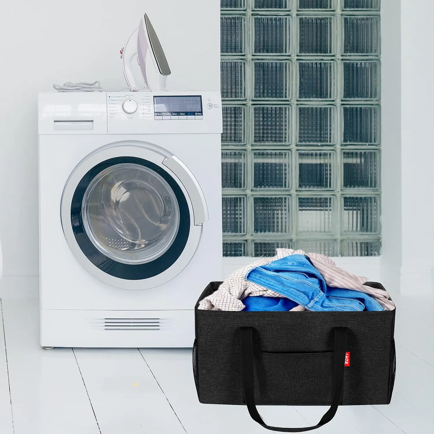 LHZK 2 Pack Extra Large Utility Tote Bag with Metal Wire Frame and the Sides Rinforced, Extra Large Tote Bag with Handle for Pool Beach Laundry Storage (Black)