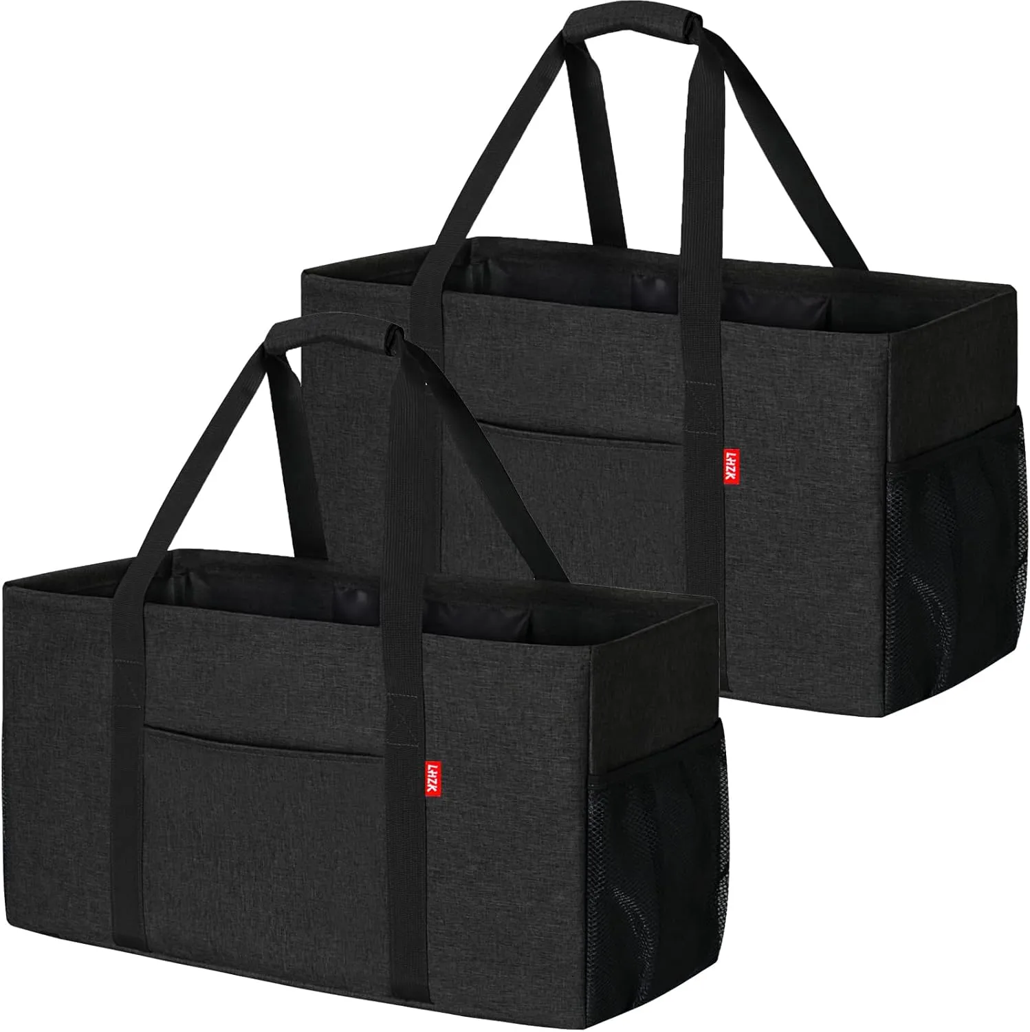 LHZK 2 Pack Extra Large Utility Tote Bag with Metal Wire Frame and the Sides Rinforced, Extra Large Tote Bag with Handle for Pool Beach Laundry Storage (Black)