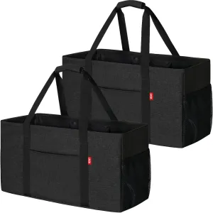 LHZK 2 Pack Extra Large Utility Tote Bag with Metal Wire Frame and the Sides Rinforced, Extra Large Tote Bag with Handle for Pool Beach Laundry Storage (Black)