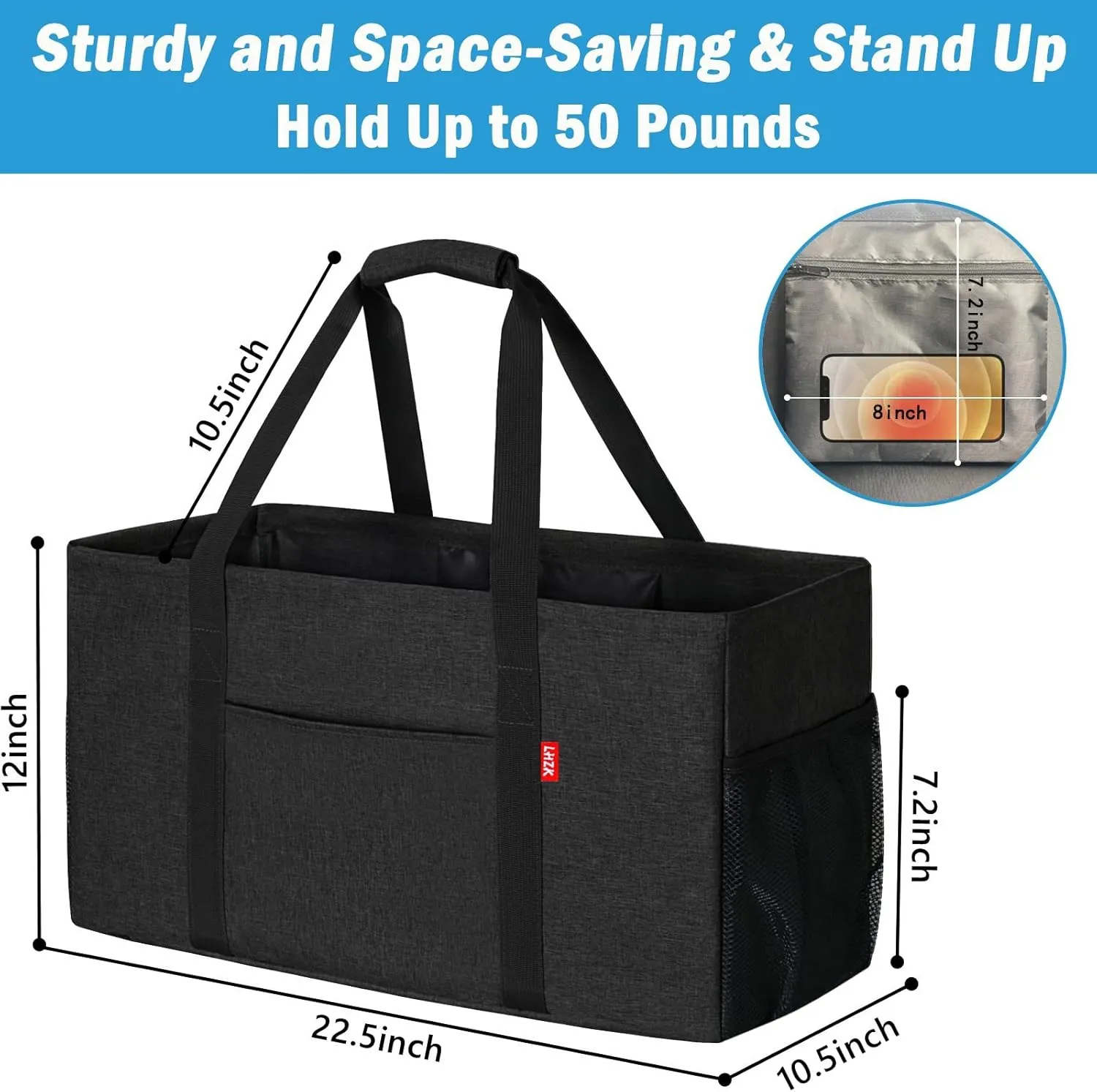 LHZK 2 Pack Extra Large Utility Tote Bag with Metal Wire Frame and the Sides Rinforced, Extra Large Tote Bag with Handle for Pool Beach Laundry Storage (Black)