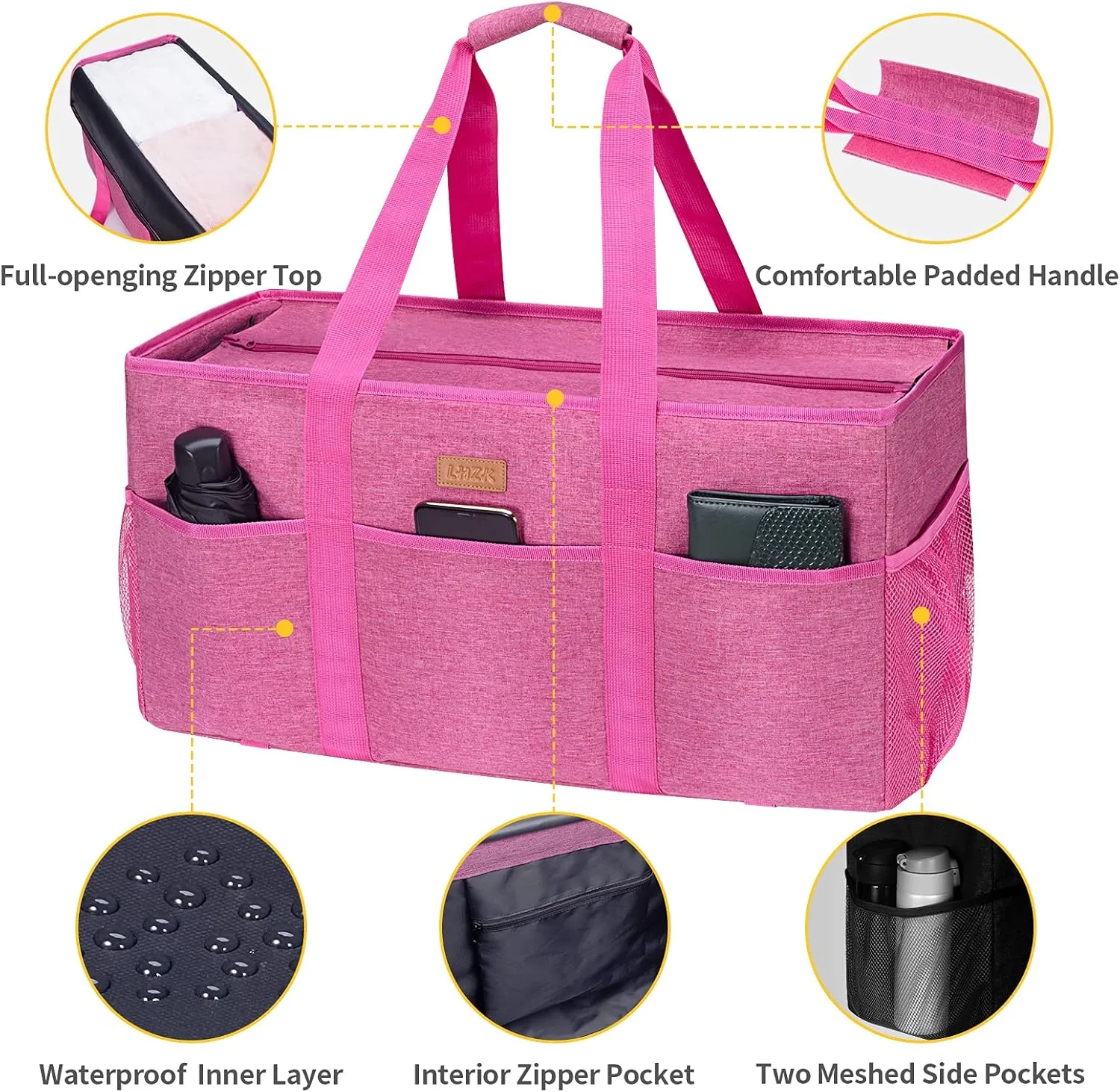 LHZK Stand Up Extra Large Utility Tote Bag with Lid, Utility Tote Bag with Metal Wire Frame and Sides Rinforced