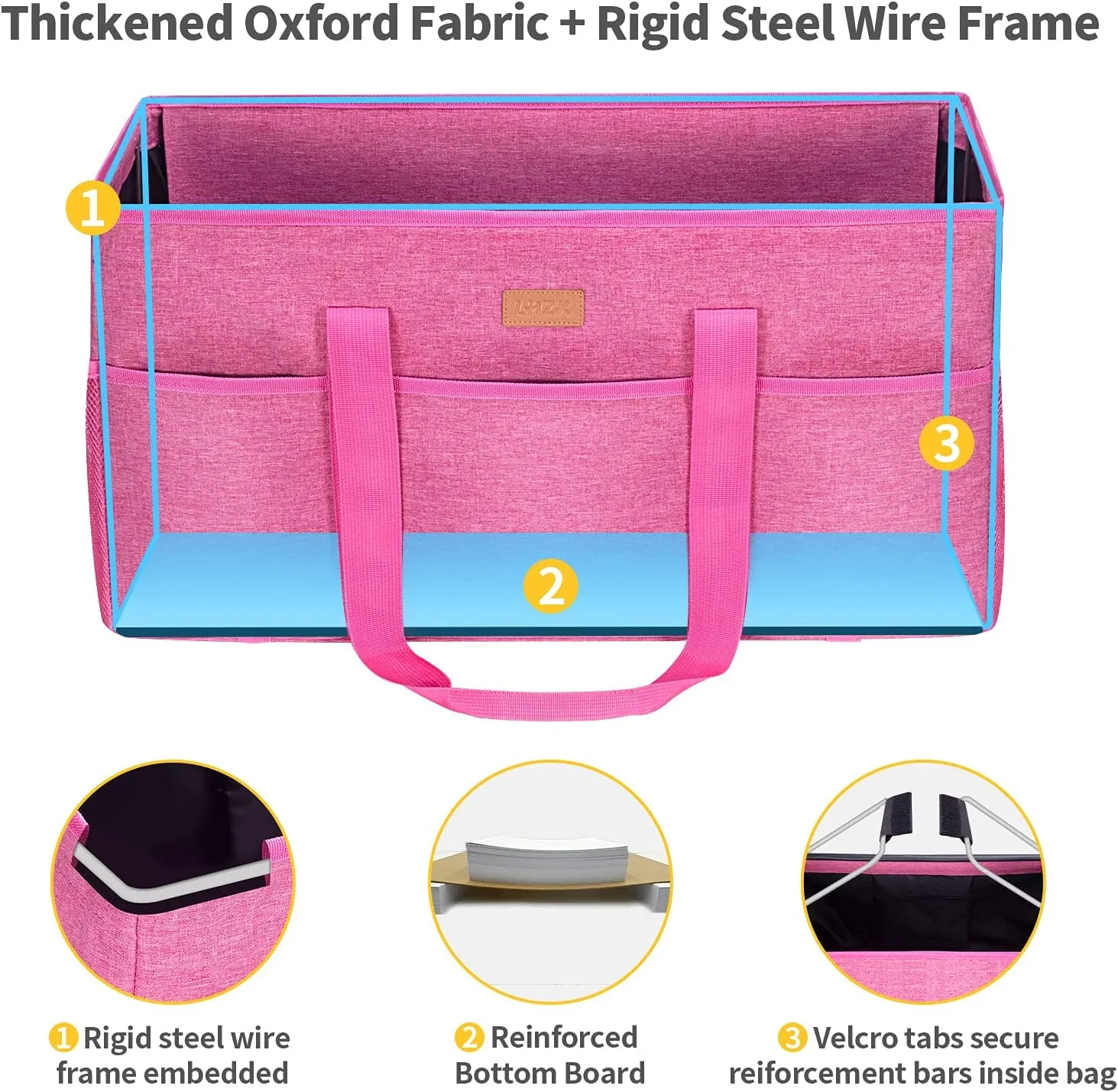LHZK Stand Up Extra Large Utility Tote Bag with Lid, Utility Tote Bag with Metal Wire Frame and Sides Rinforced