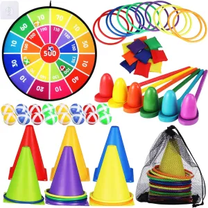 Libima 57 Pcs Carnival Games Combo Set, Bean Bags Ring Toss Game Dart Board with Sticky Balls Plastic Cones Egg Spoon Race Indoor Outdoor Party Supplies for Boys Girls Adults Family Birthday Gifts