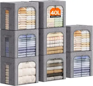 Lifewit 8 Pack Clothes Storage Bins with Metal Frame, Stackable Storage Box, Foldable Clothing Storage Bins with Lids, 40L Storage Bags Fabric Box Organizer with Clear Window＆ Zippers＆ Sturdy Handles