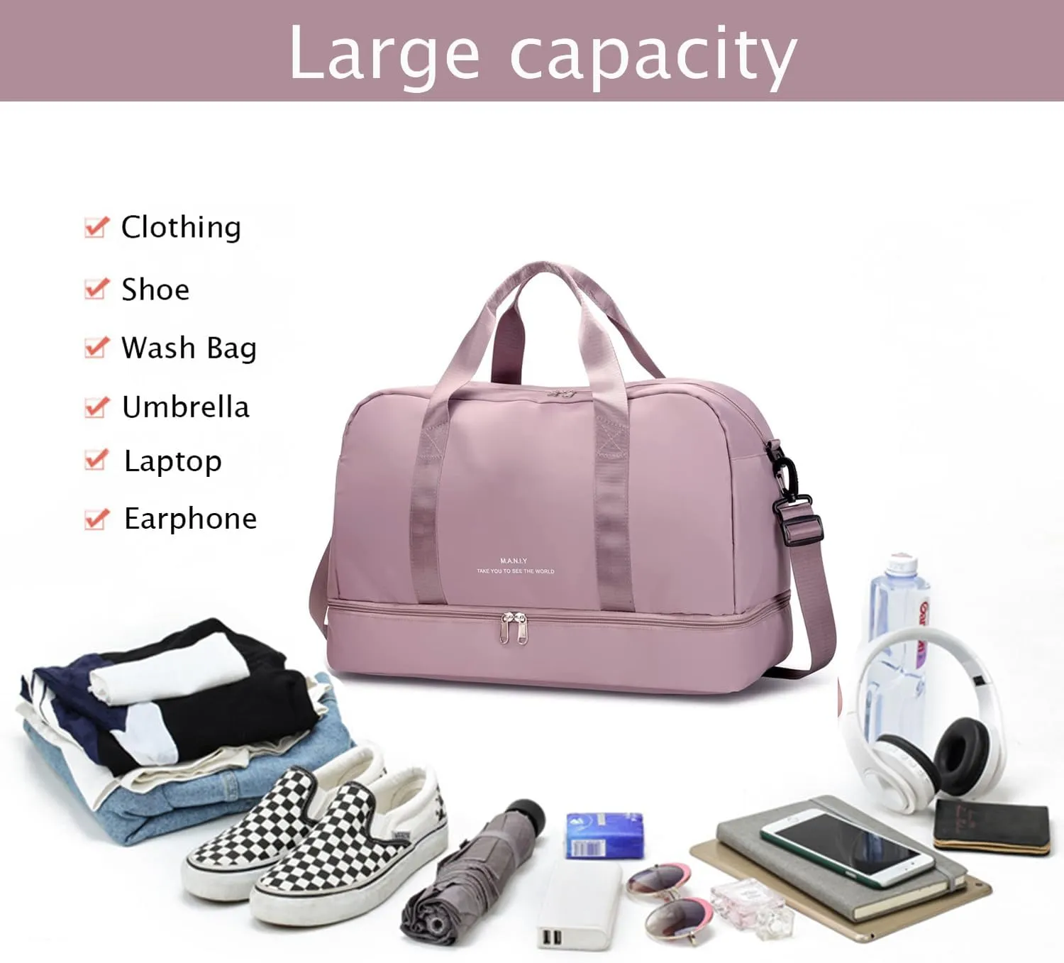 Light Gym Bag for Women, Large Capacity Sports Travel Duffle Bag with with Shoe Compartment & Wet Pocket,Lady Weekender Overnight Aircraft Bag （Pink）