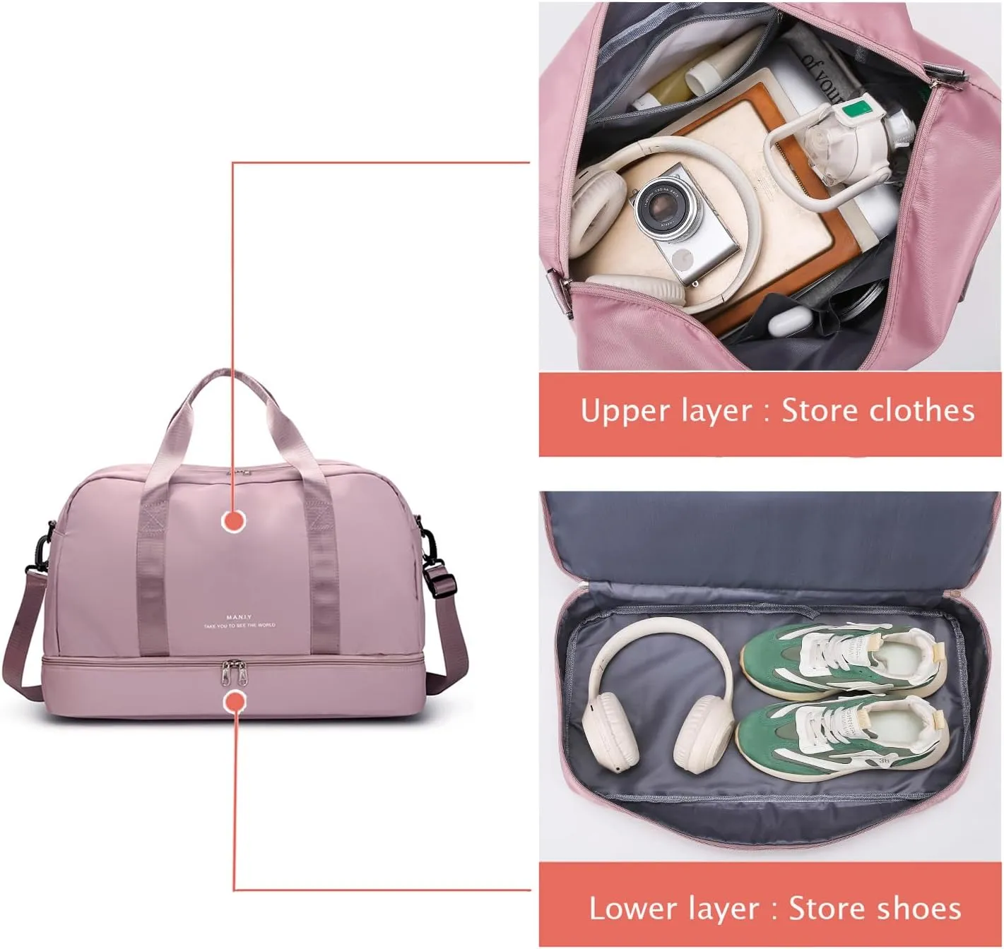 Light Gym Bag for Women, Large Capacity Sports Travel Duffle Bag with with Shoe Compartment & Wet Pocket,Lady Weekender Overnight Aircraft Bag （Pink）