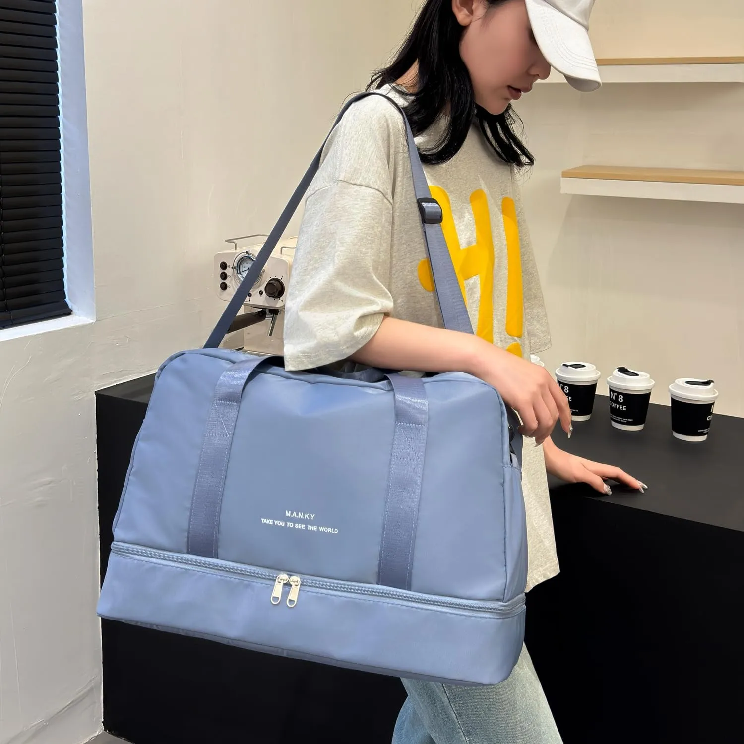 Light Sports Travel Duffle Bag with with Shoe Compartment & Wet Pocket, Large Capacity Gym Bag for Women, Lady Weekender Overnight Aircraft Bag, Travel, Gym, Yoga（Blue）