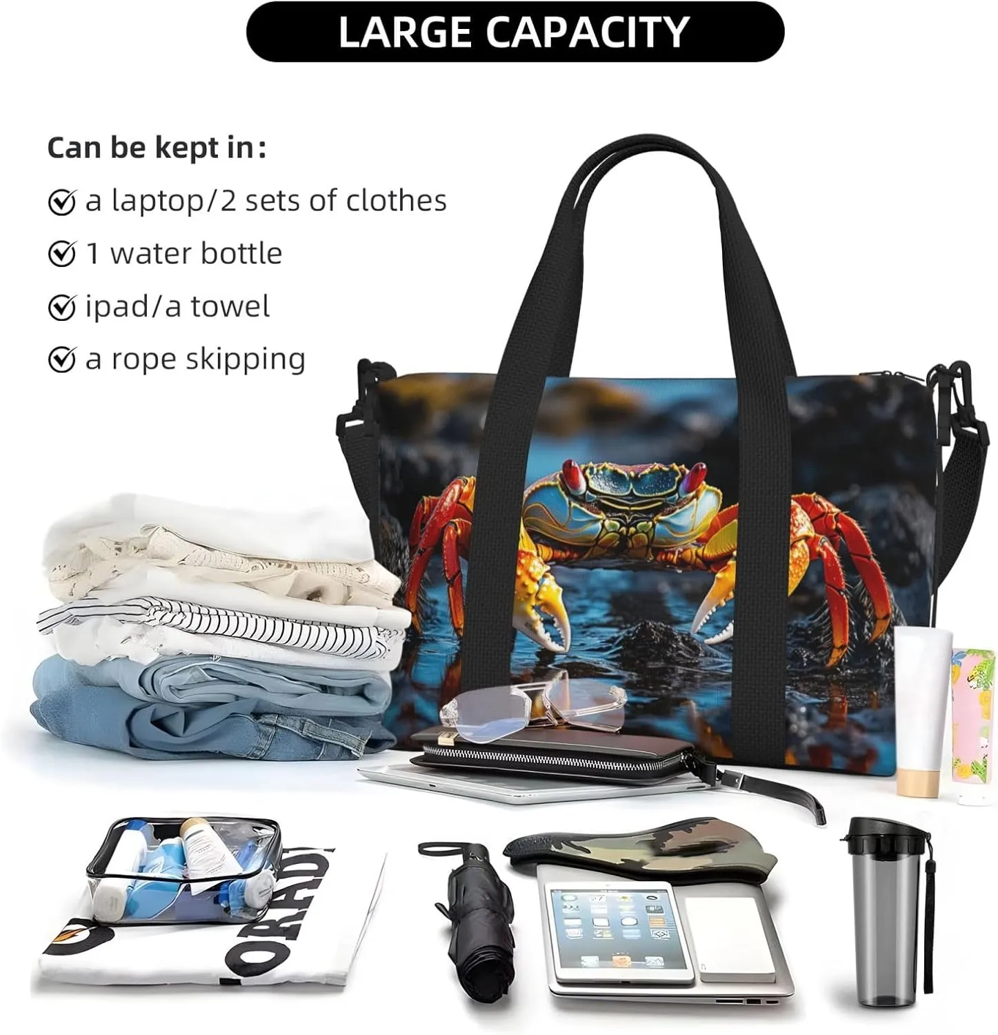 lightfoot crab print Travel Duffel Bag, Sports Tote Gym Bag, Swim Pool Bag Large Shoulder Tote Bag for Beach Weekender