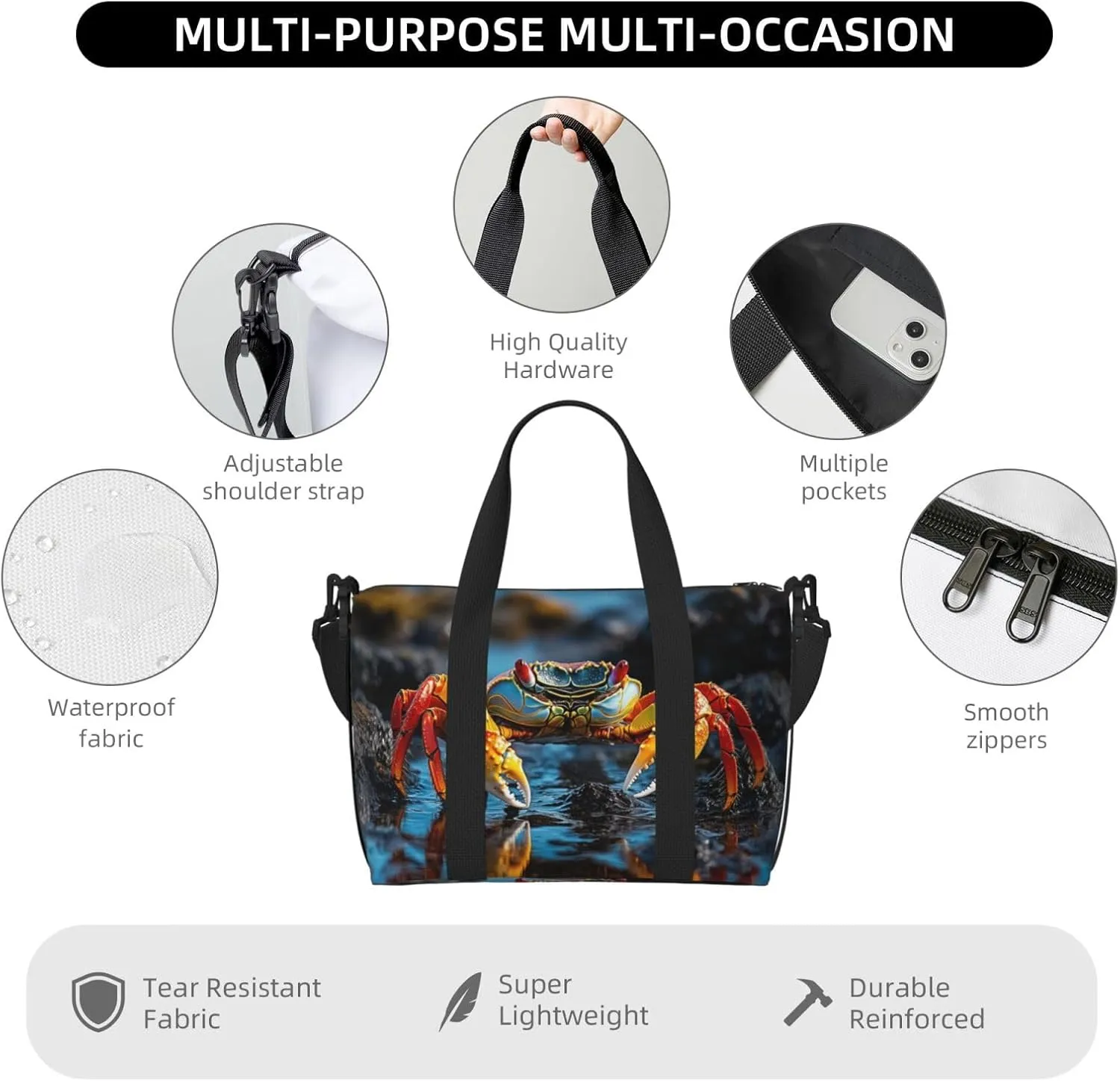 lightfoot crab print Travel Duffel Bag, Sports Tote Gym Bag, Swim Pool Bag Large Shoulder Tote Bag for Beach Weekender