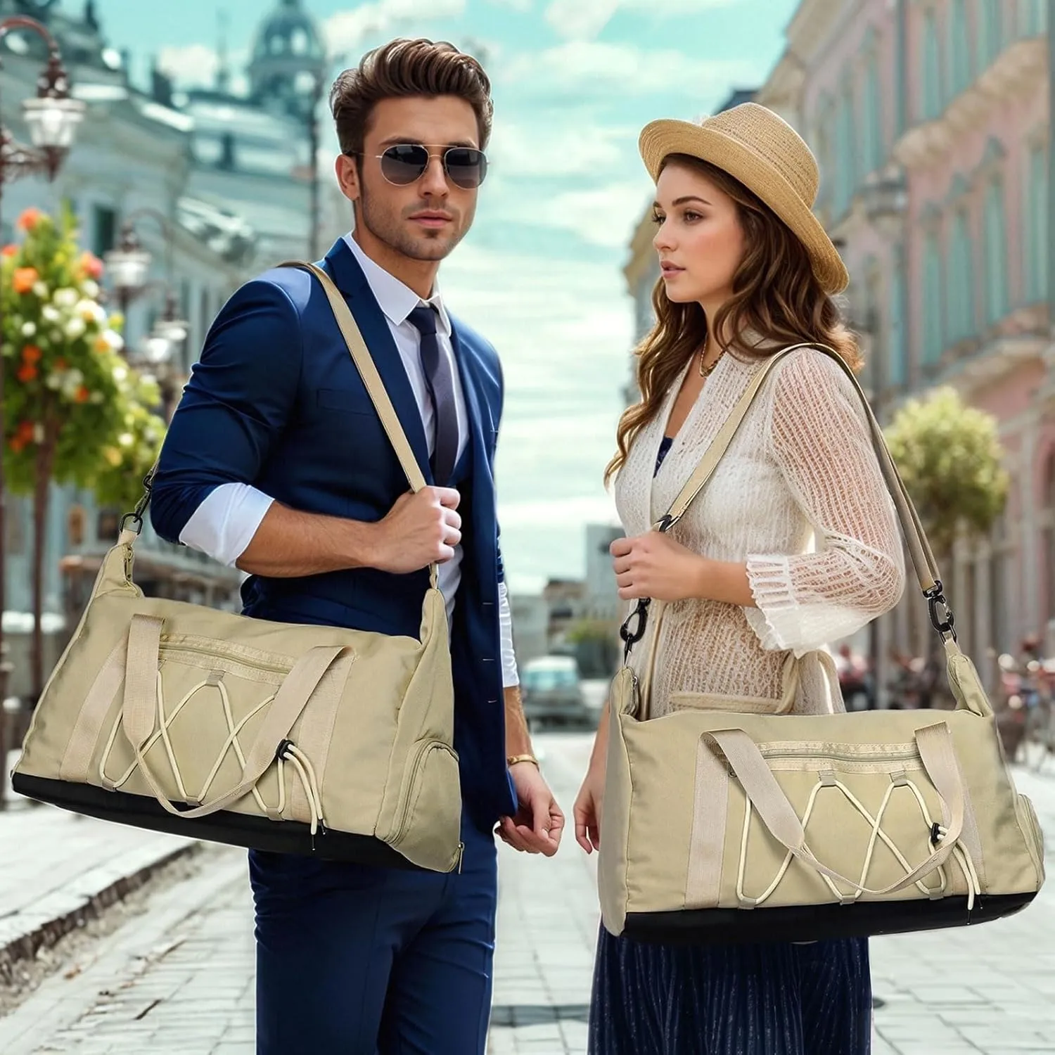Lightweight Gym Bag for Men & Women, Water Resistant Sports Duffel Bag with Shoe Compartment & Wet Pocket for Travel Weekender & Fitness, Khaki