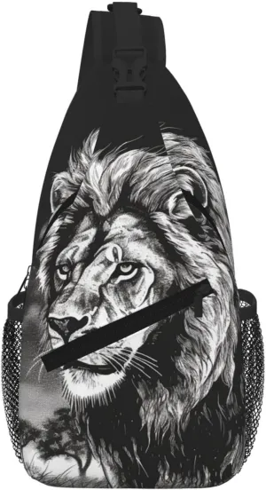 Lion Black And White Illustration Sling Bag For Women Men Travel Hiking Backpack Crossbody Shoulder Chest Bags Casual Daypack