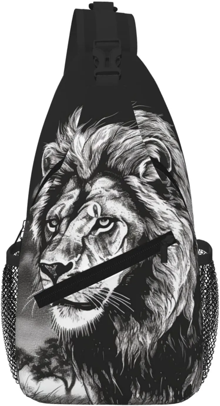 Lion Black And White Illustration Sling Bag For Women Men Travel Hiking Backpack Crossbody Shoulder Chest Bags Casual Daypack
