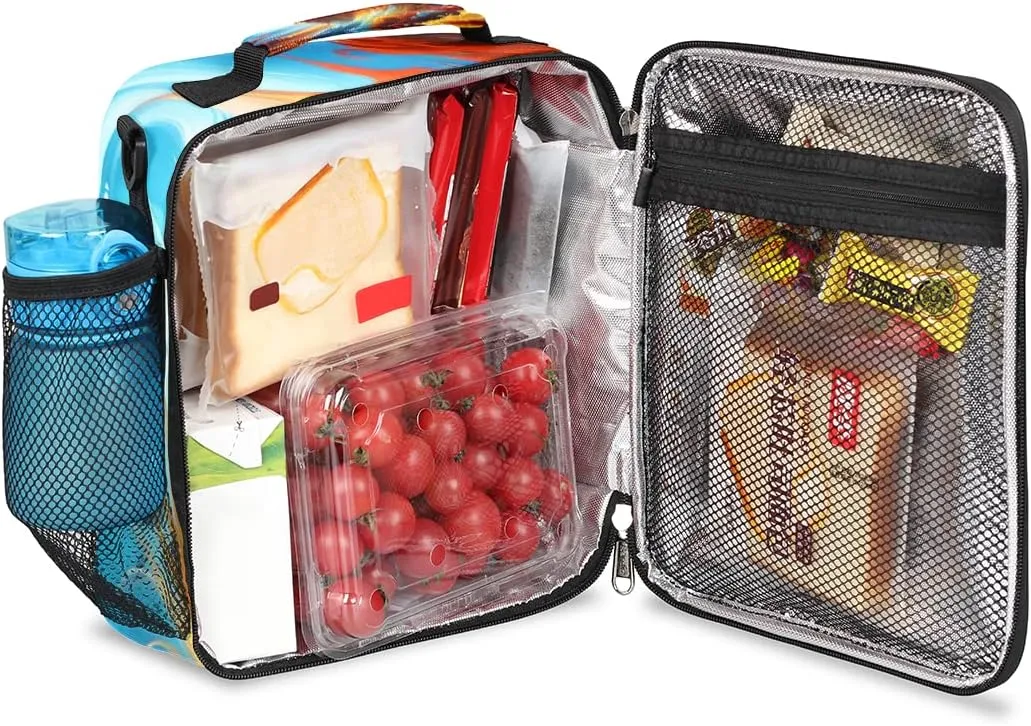 Lion Colorful Ocean Wave Art Animal Boys Lunch Box, Reusable Insulated Waterproof With Adjustable Shoulder Strap, Thermal Cooler Tote Bag for School, Daycare, Picnic