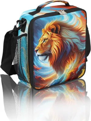 Lion Colorful Ocean Wave Art Animal Boys Lunch Box, Reusable Insulated Waterproof With Adjustable Shoulder Strap, Thermal Cooler Tote Bag for School, Daycare, Picnic