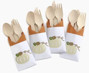 Little Pumpkin Party Cutlery Bags with Napkins and Wooden Cutlery, Set of 12