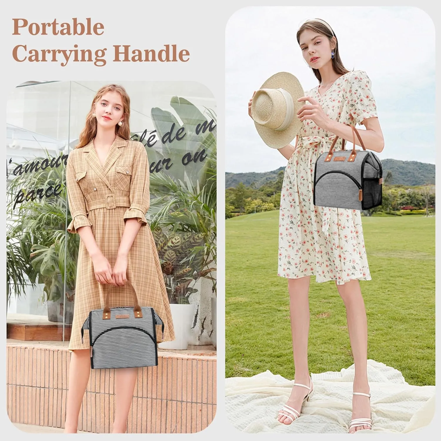 LOKASS Lunch Bag Insulated Lunch Box Wide-Open Lunch Tote Bag Large Drinks Holder Durable Canvas Thermal Snack Organizer for Women Men Adults Work Picnic Hiking Beach Fishing,Stripes