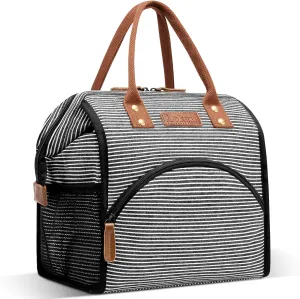 LOKASS Lunch Bag Insulated Lunch Box Wide-Open Lunch Tote Bag Large Drinks Holder Durable Canvas Thermal Snack Organizer for Women Men Adults Work Picnic Hiking Beach Fishing,Stripes