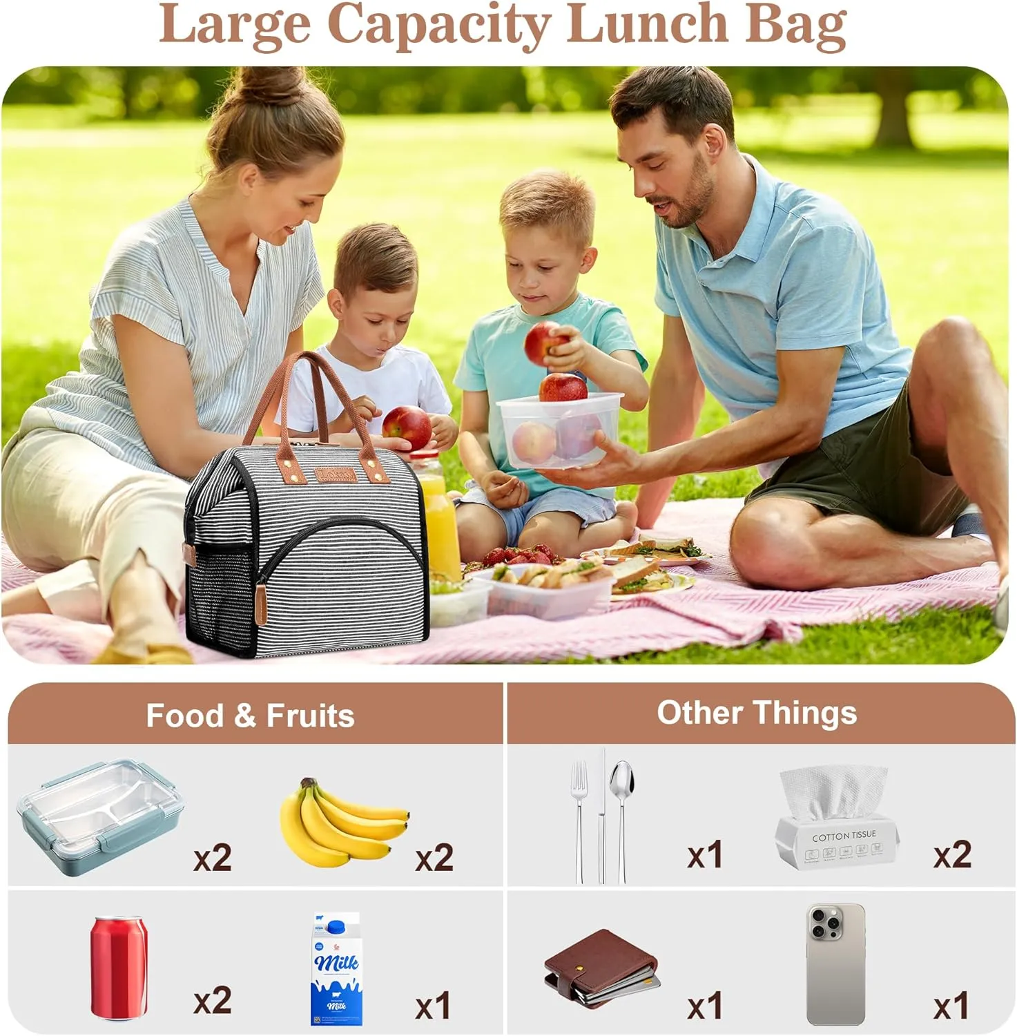 LOKASS Lunch Bag Insulated Lunch Box Wide-Open Lunch Tote Bag Large Drinks Holder Durable Canvas Thermal Snack Organizer for Women Men Adults Work Picnic Hiking Beach Fishing,Stripes