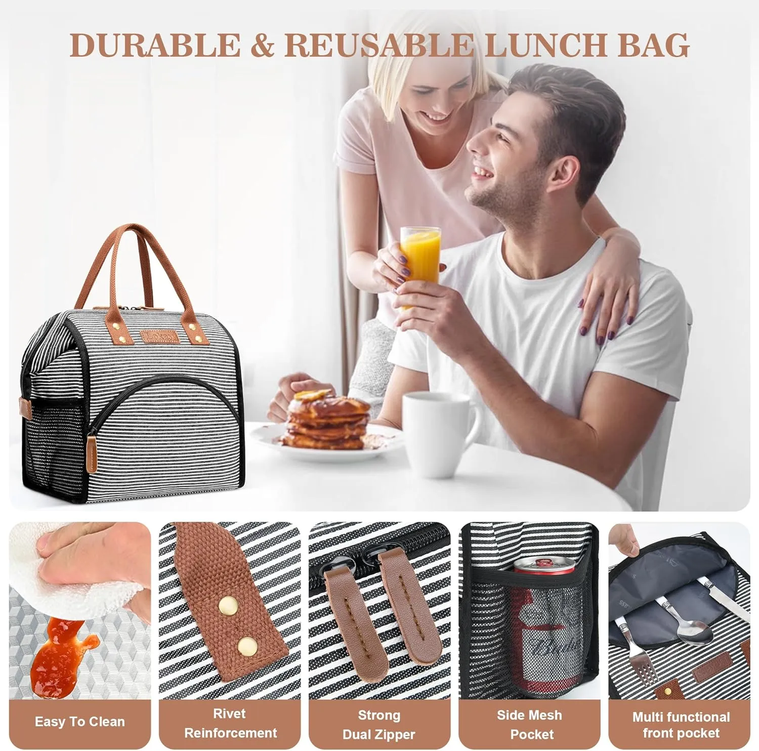LOKASS Lunch Bag Insulated Lunch Box Wide-Open Lunch Tote Bag Large Drinks Holder Durable Canvas Thermal Snack Organizer for Women Men Adults Work Picnic Hiking Beach Fishing,Stripes