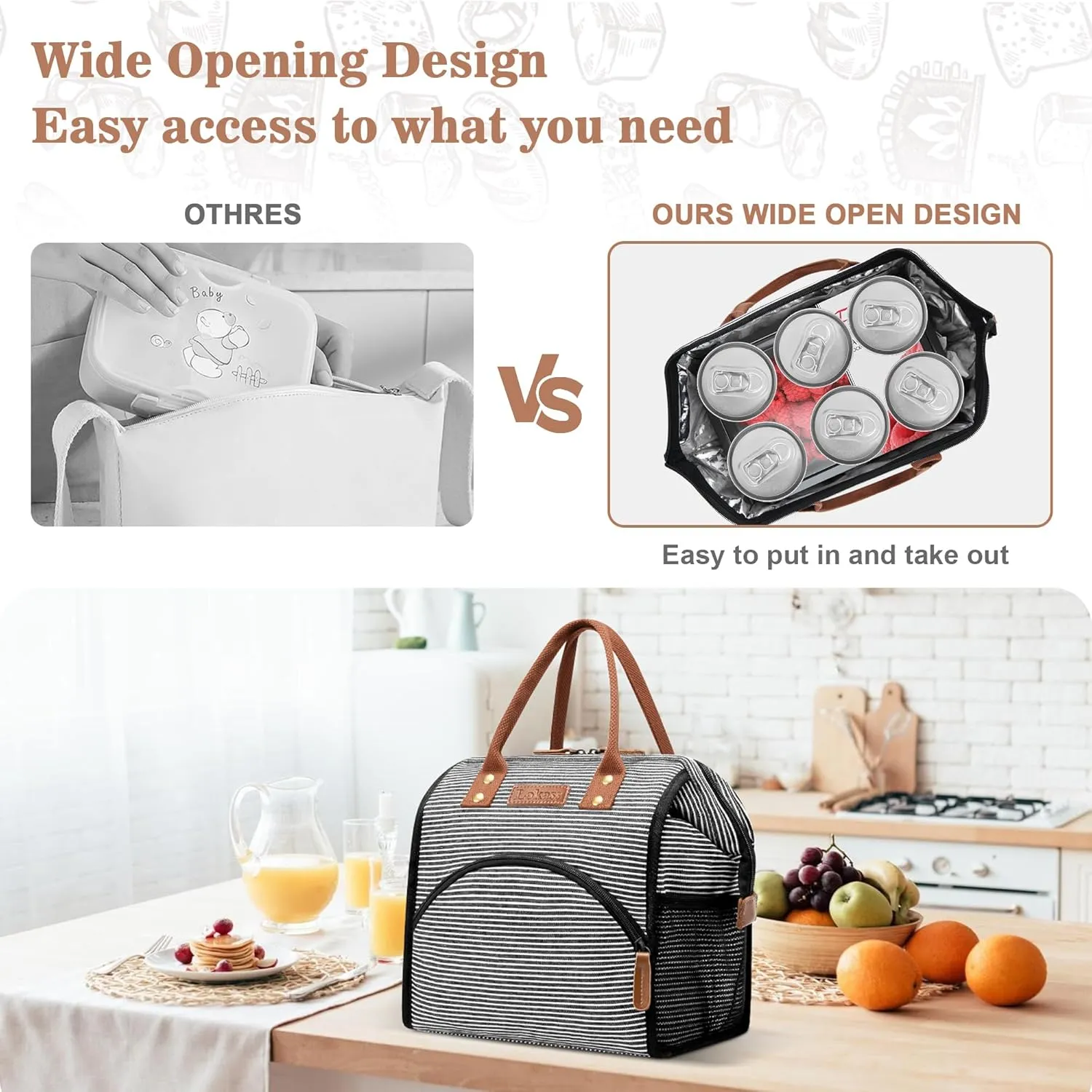 LOKASS Lunch Bag Insulated Lunch Box Wide-Open Lunch Tote Bag Large Drinks Holder Durable Canvas Thermal Snack Organizer for Women Men Adults Work Picnic Hiking Beach Fishing,Stripes