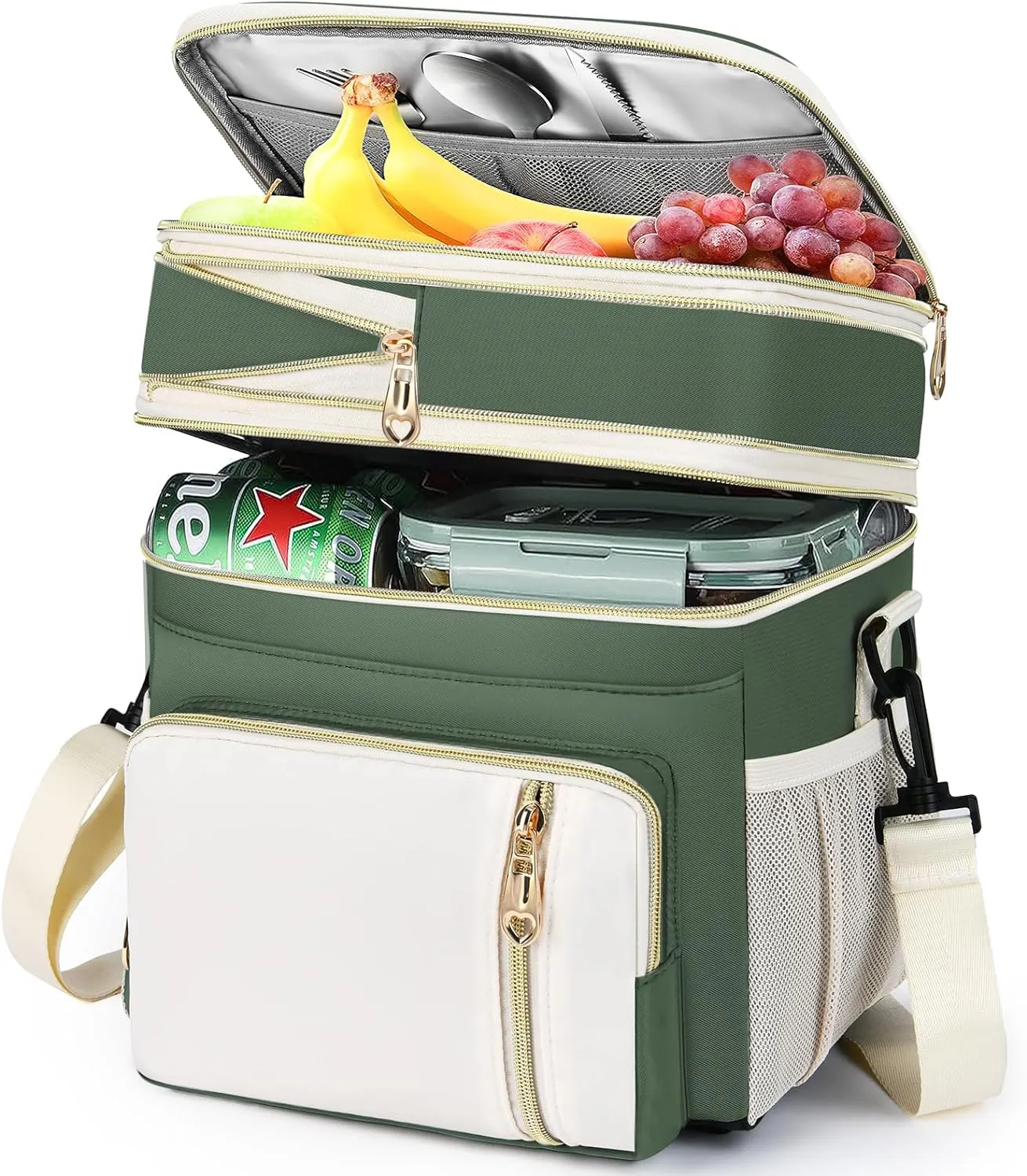 LOKASS Lunch Box for Women, 16L, Double Deck Expandable Insulated Lunch box For Adults/Women Thermal Large Waterproof Leakproof Cooler Bag with Shoulder Strap - Military Green