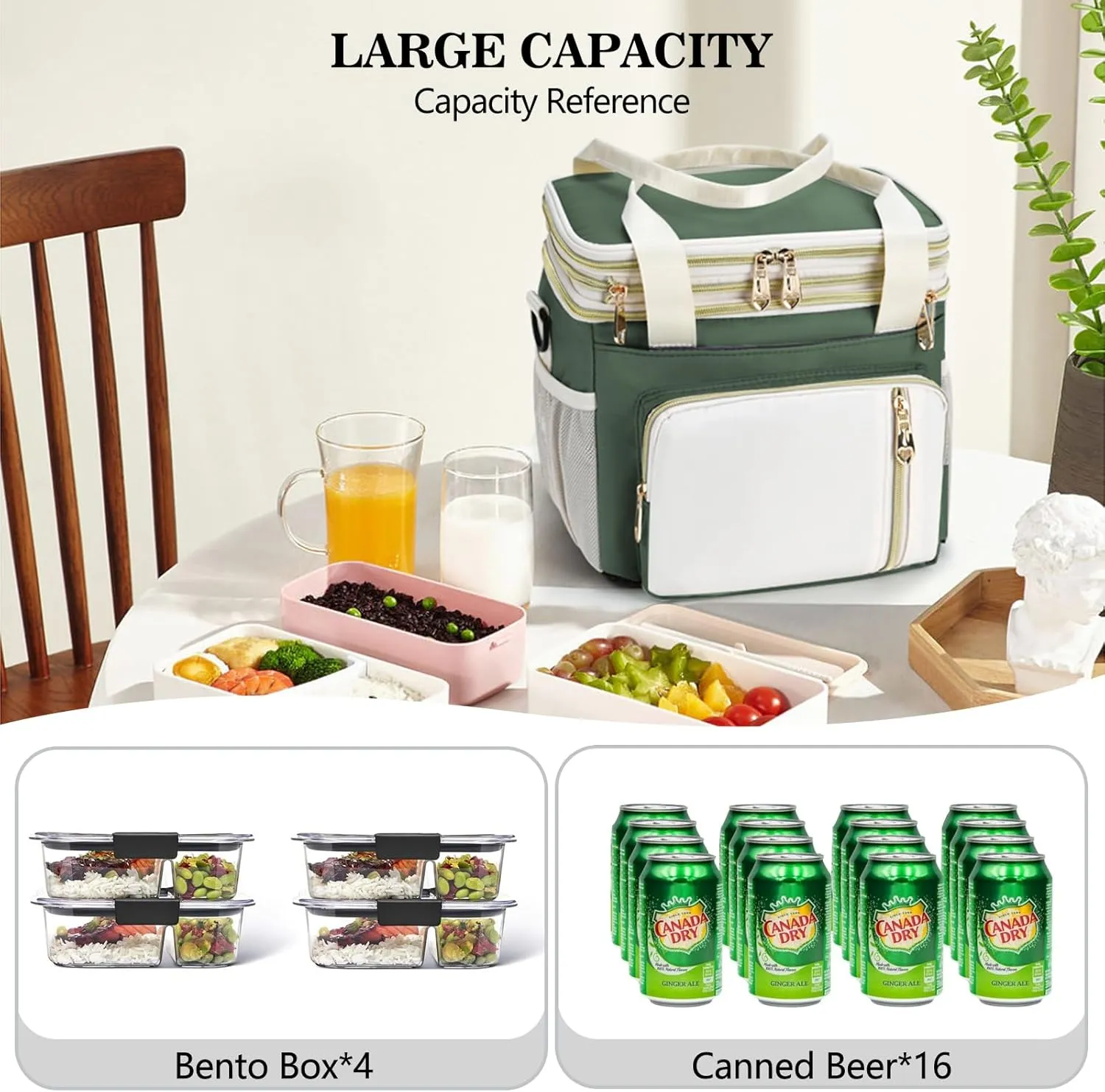 LOKASS Lunch Box for Women, 16L, Double Deck Expandable Insulated Lunch box For Adults/Women Thermal Large Waterproof Leakproof Cooler Bag with Shoulder Strap - Military Green