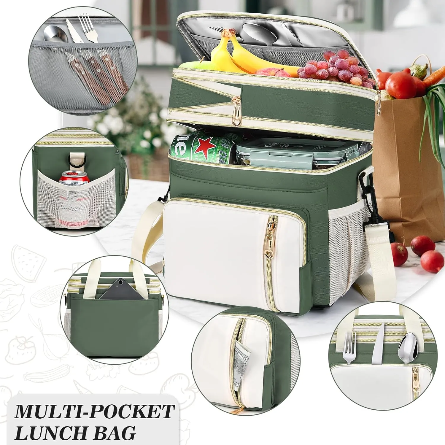 LOKASS Lunch Box for Women, 16L, Double Deck Expandable Insulated Lunch box For Adults/Women Thermal Large Waterproof Leakproof Cooler Bag with Shoulder Strap - Military Green