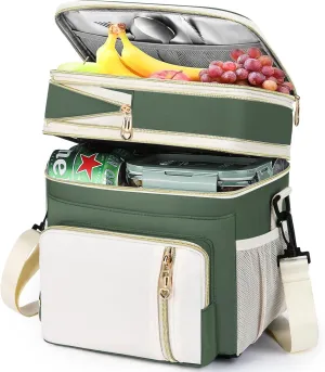 LOKASS Lunch Box for Women, 16L, Double Deck Expandable Insulated Lunch box For Adults/Women Thermal Large Waterproof Leakproof Cooler Bag with Shoulder Strap - Military Green