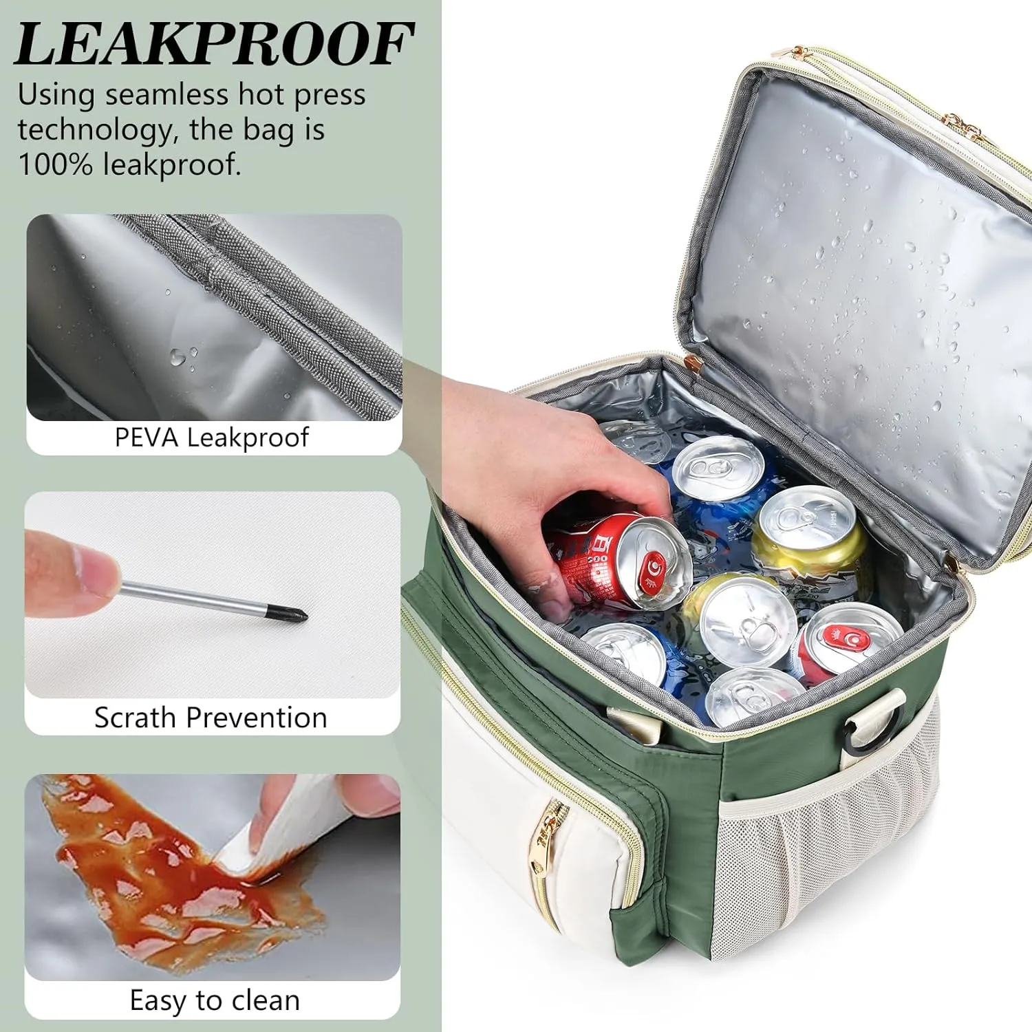 LOKASS Lunch Box for Women, 16L, Double Deck Expandable Insulated Lunch box For Adults/Women Thermal Large Waterproof Leakproof Cooler Bag with Shoulder Strap - Military Green