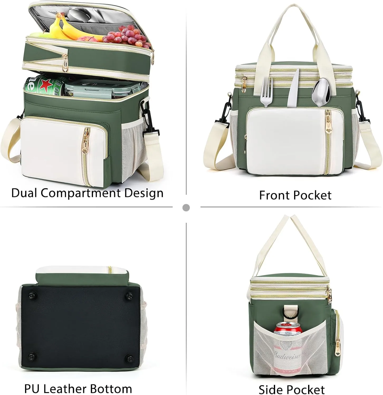 LOKASS Lunch Box for Women, 16L, Double Deck Expandable Insulated Lunch box For Adults/Women Thermal Large Waterproof Leakproof Cooler Bag with Shoulder Strap - Military Green