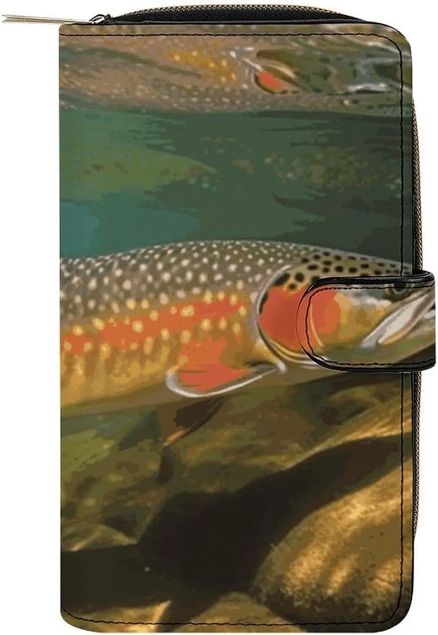 Long Wallet for Women Leather Wallet for Men Large Capacity Wristlet Wallets With 12 Card Holder Brook Trout Fly Fishing Change Purse