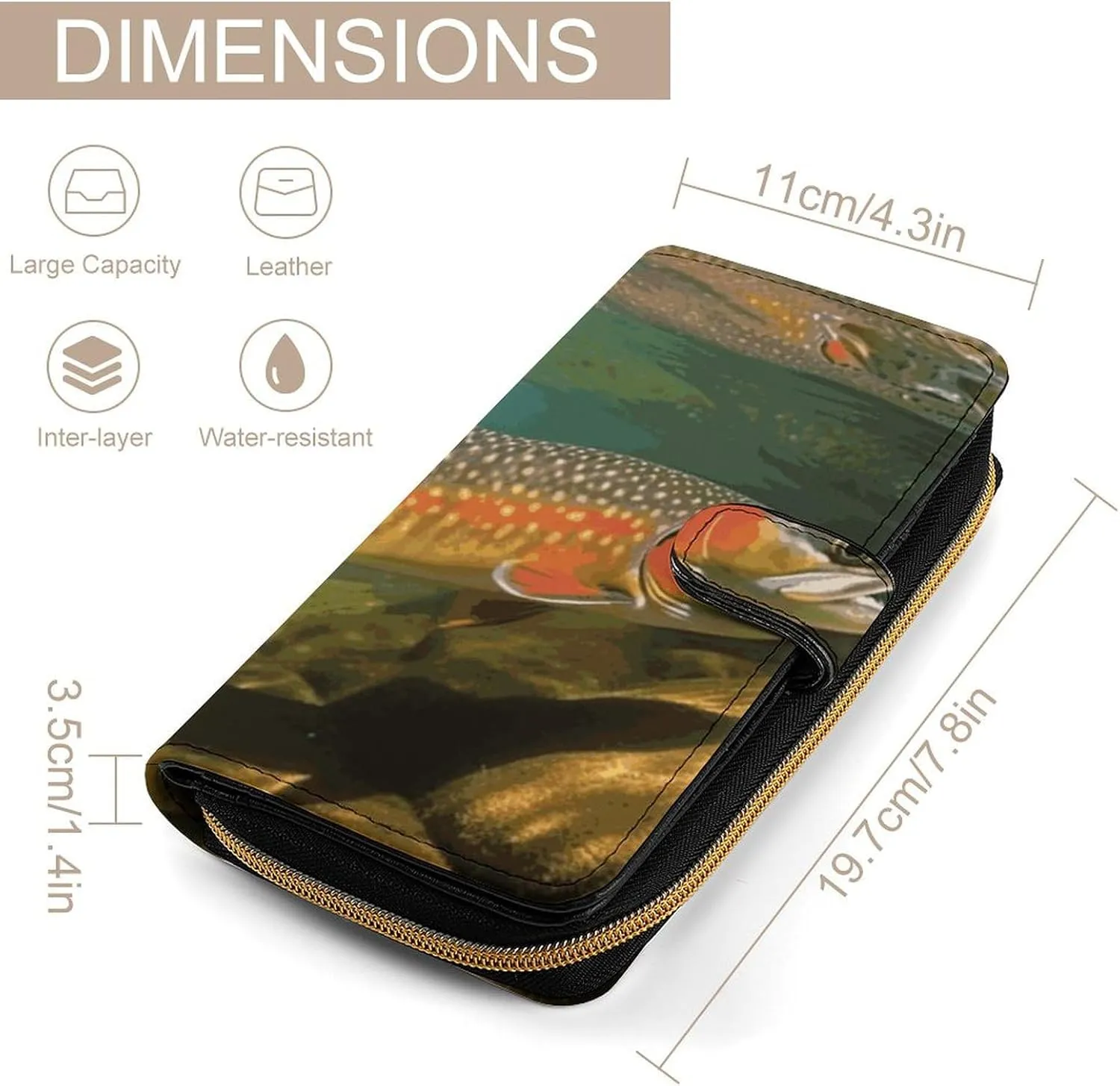 Long Wallet for Women Leather Wallet for Men Large Capacity Wristlet Wallets With 12 Card Holder Brook Trout Fly Fishing Change Purse