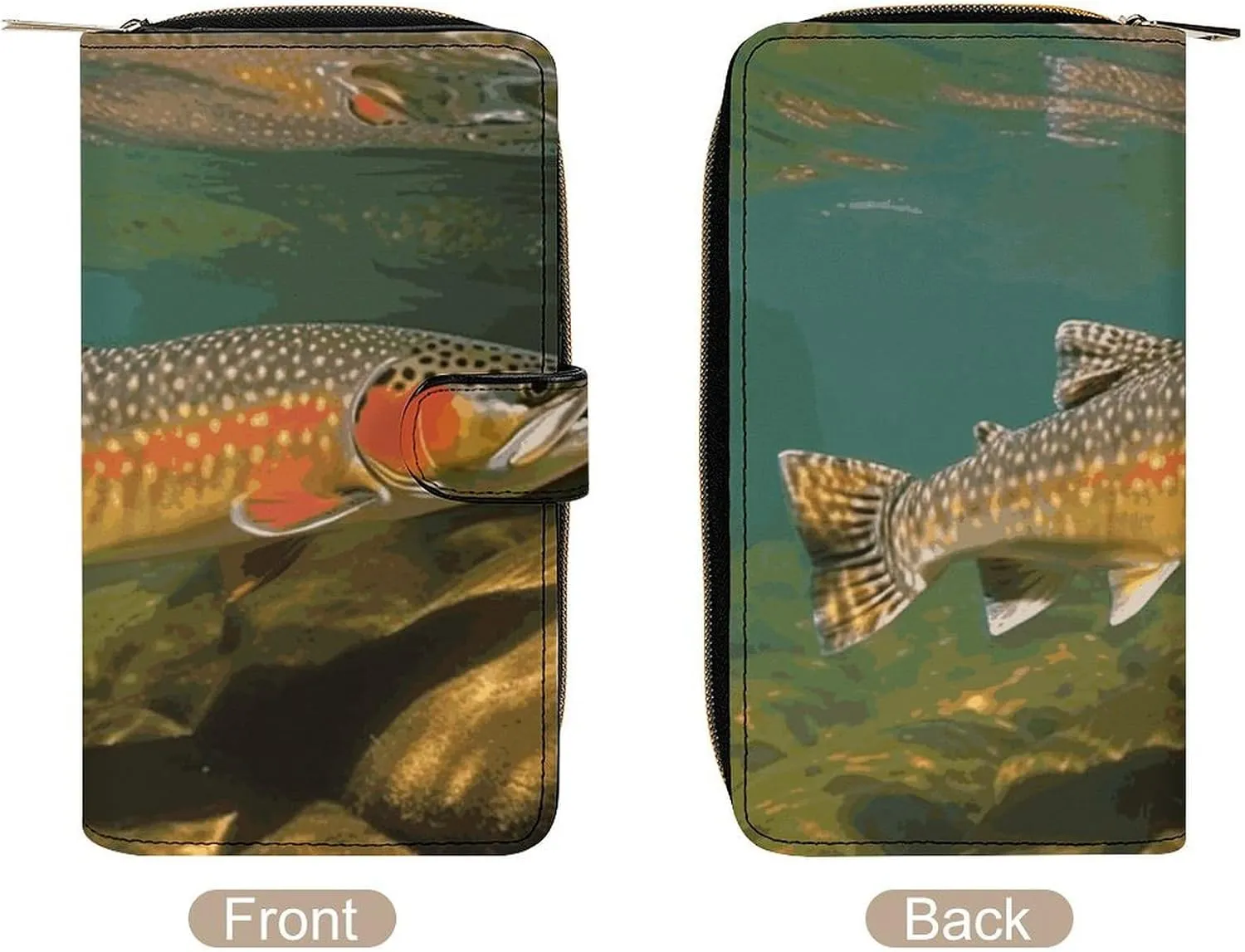 Long Wallet for Women Leather Wallet for Men Large Capacity Wristlet Wallets With 12 Card Holder Brook Trout Fly Fishing Change Purse