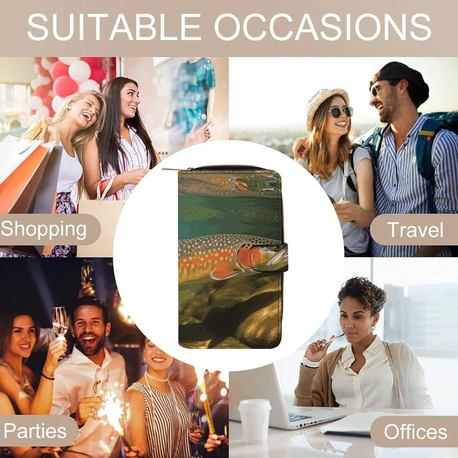 Long Wallet for Women Leather Wallet for Men Large Capacity Wristlet Wallets With 12 Card Holder Brook Trout Fly Fishing Change Purse