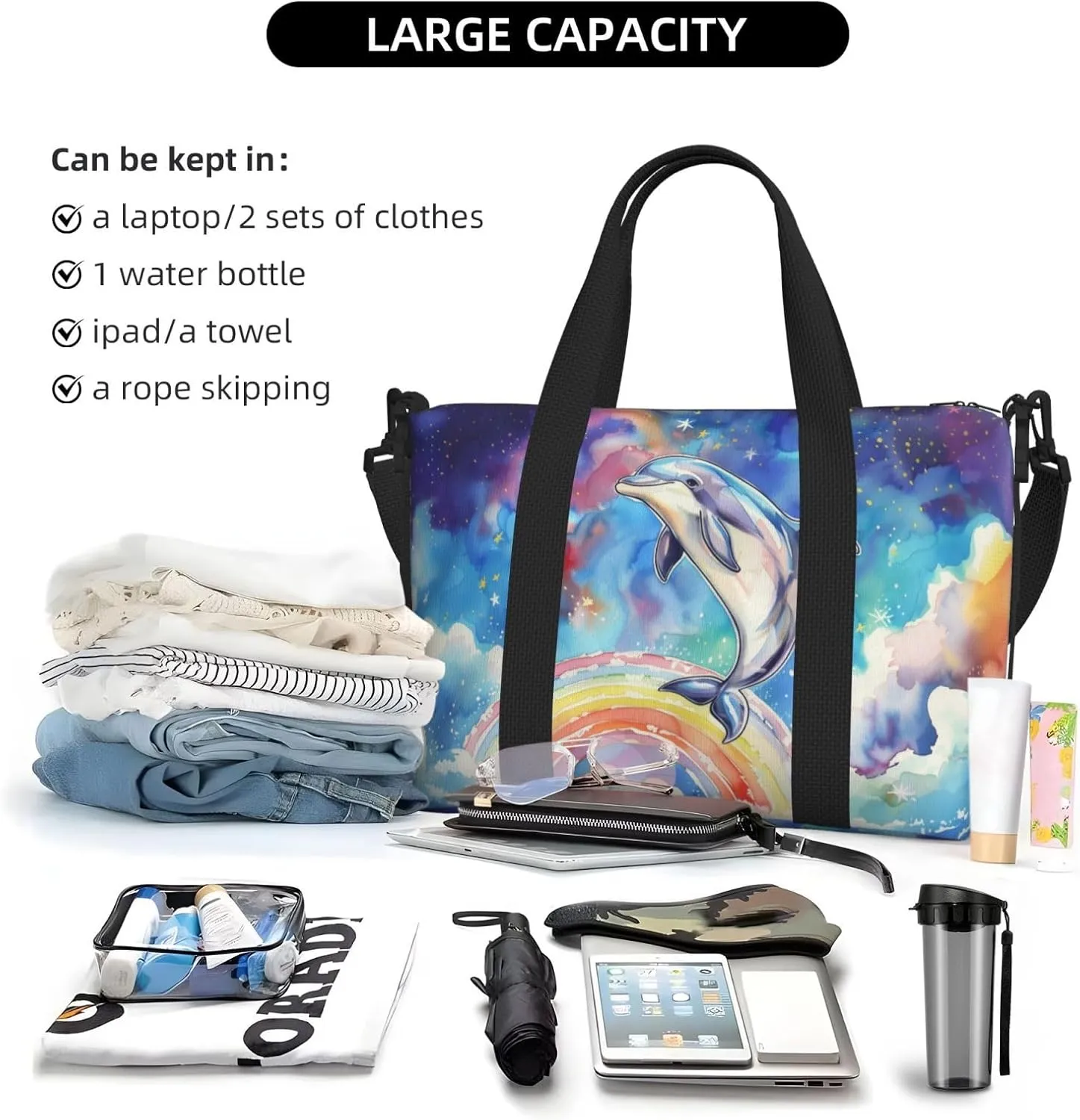 Lovely Dolphin print Travel Duffel Bag, Sports Tote Gym Bag, Swim Pool Bag Large Shoulder Tote Bag for Beach Weekender, 202-406-121